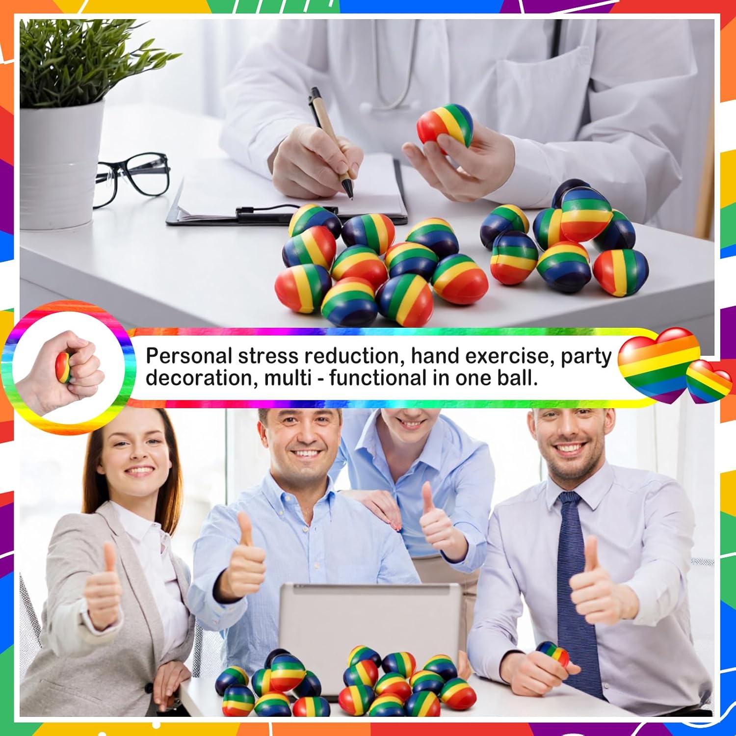 Libima 50 Pcs 1.57 Inch Rainbow Heart Stress Balls Bulk Colorful Pride Squeeze for Stress Relief Hand Exercise Vibrant LGBT Favors Desk Decor Gifts for Adult Improving Strength Release