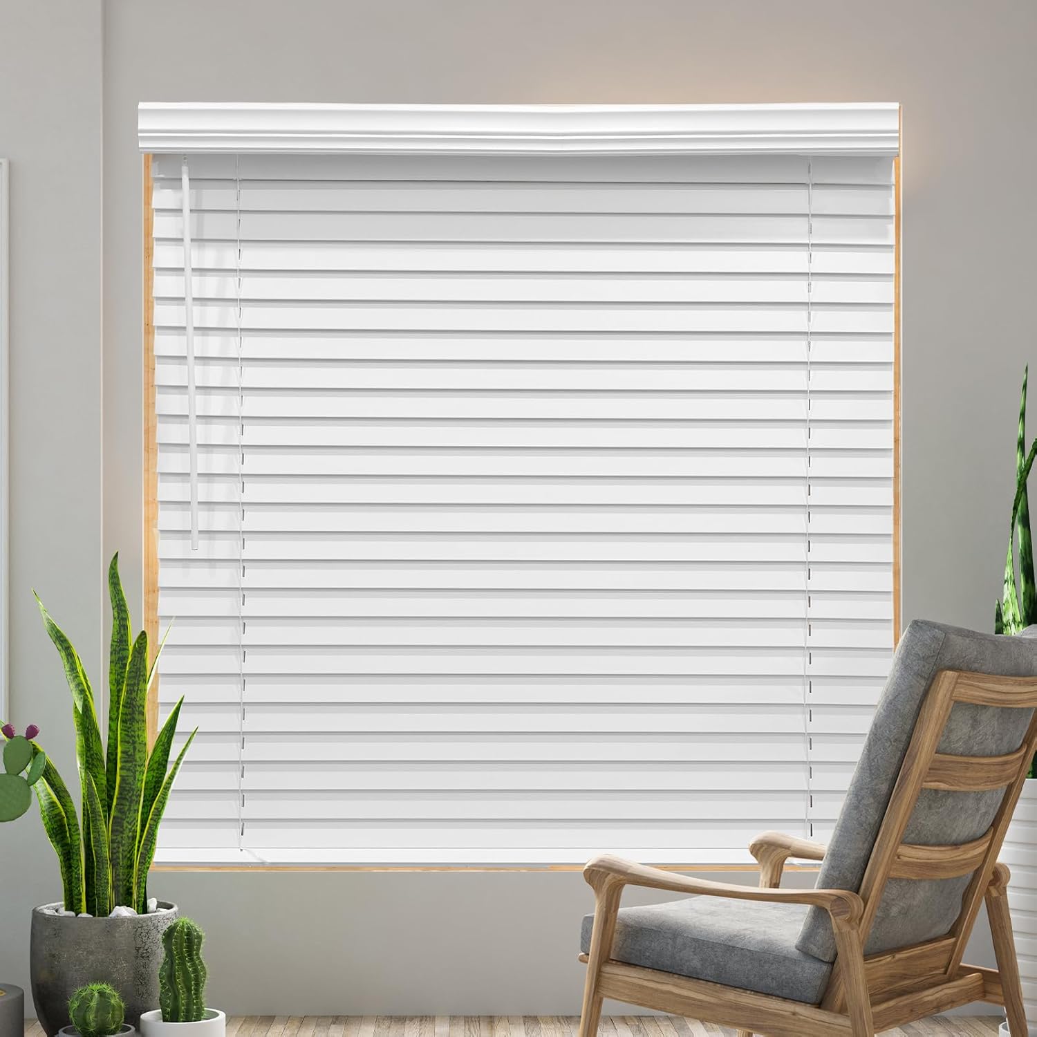 Cordless Faux Wood Blinds 27" W x 36" H, 2 Inch Slat Horizontal Windows Blinds with Crown Valance, Room Darkening Blinds, White Blinds for Home Interiors. 27"W x 36"H