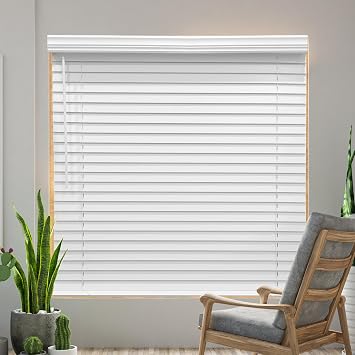 29" W x 60" H Cordless Faux Wood Blinds, White, Room Darkening, Waterproof, Easy to Install, Inside/Outside Mount
