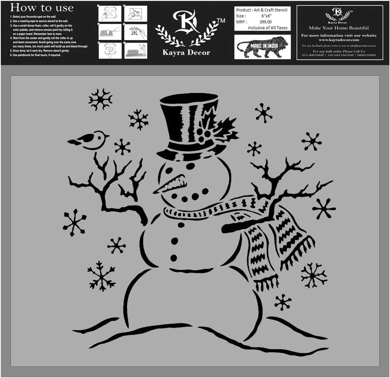 Kayra Decor Reusable Mr-Snowman Painting Stencils for Art and Craft,Walls,Floor,Tiles,Furniture,Painting Canvas Art,T-Shirt, Cookie & Cake Decoration,Drawing Stencils for Kids, 6"x 6" (Pack of 1)