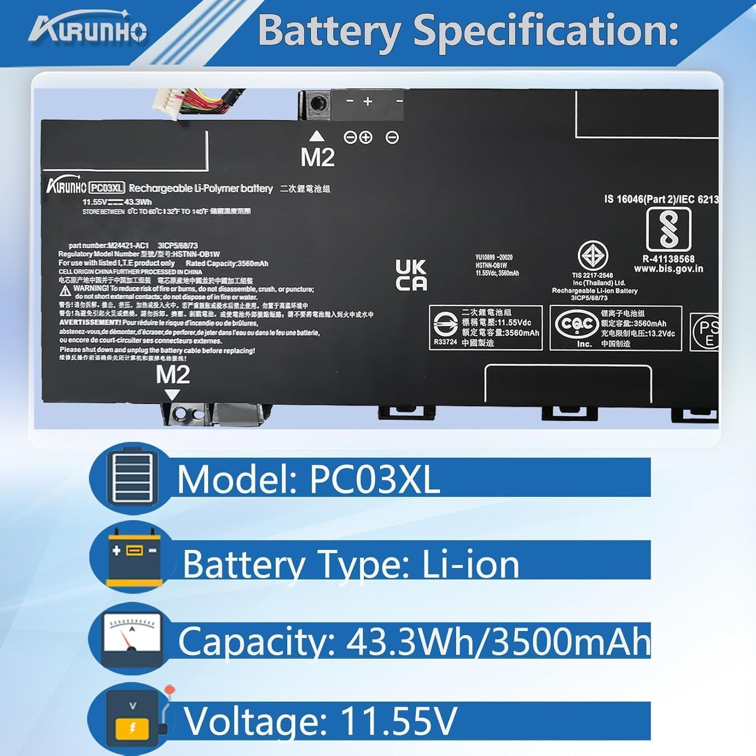 Amazon.com: AURUNHO PC03XL Laptop Battery Replacement for HP