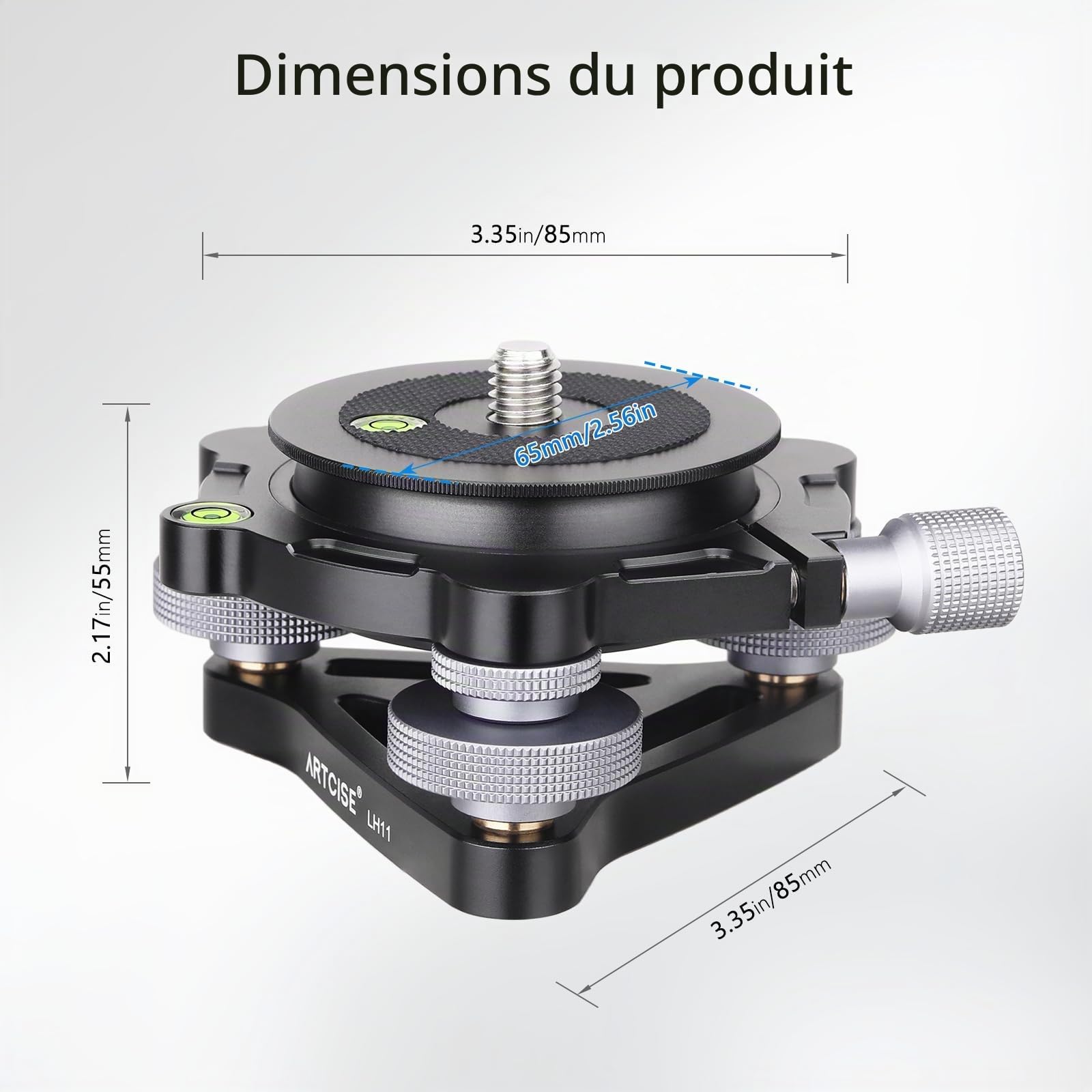 Base de nivellement à Trois Pieds de diamètre ∅85 mm, tête de nivellement avec Inclinaison -15°/15°, avec 3 Niveaux à Bulle et 3 Roues, réglage de précision -5°/5°, Charge maximale 15 kg