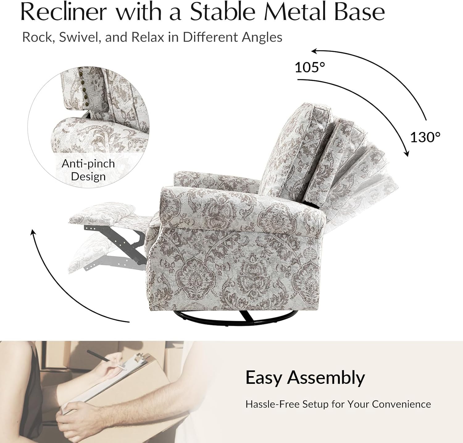 Diagram illustrating the recliner's rocking, swiveling, and reclining capabilities with angles shown.