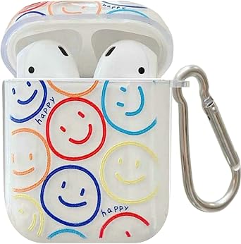JANDM Cute Double Side Smiley Face Clear Soft Silicone Smooth Shockproof with Keychain Girls Kids Women Smiley face Case for Airpods 2 & 1 Case Cover