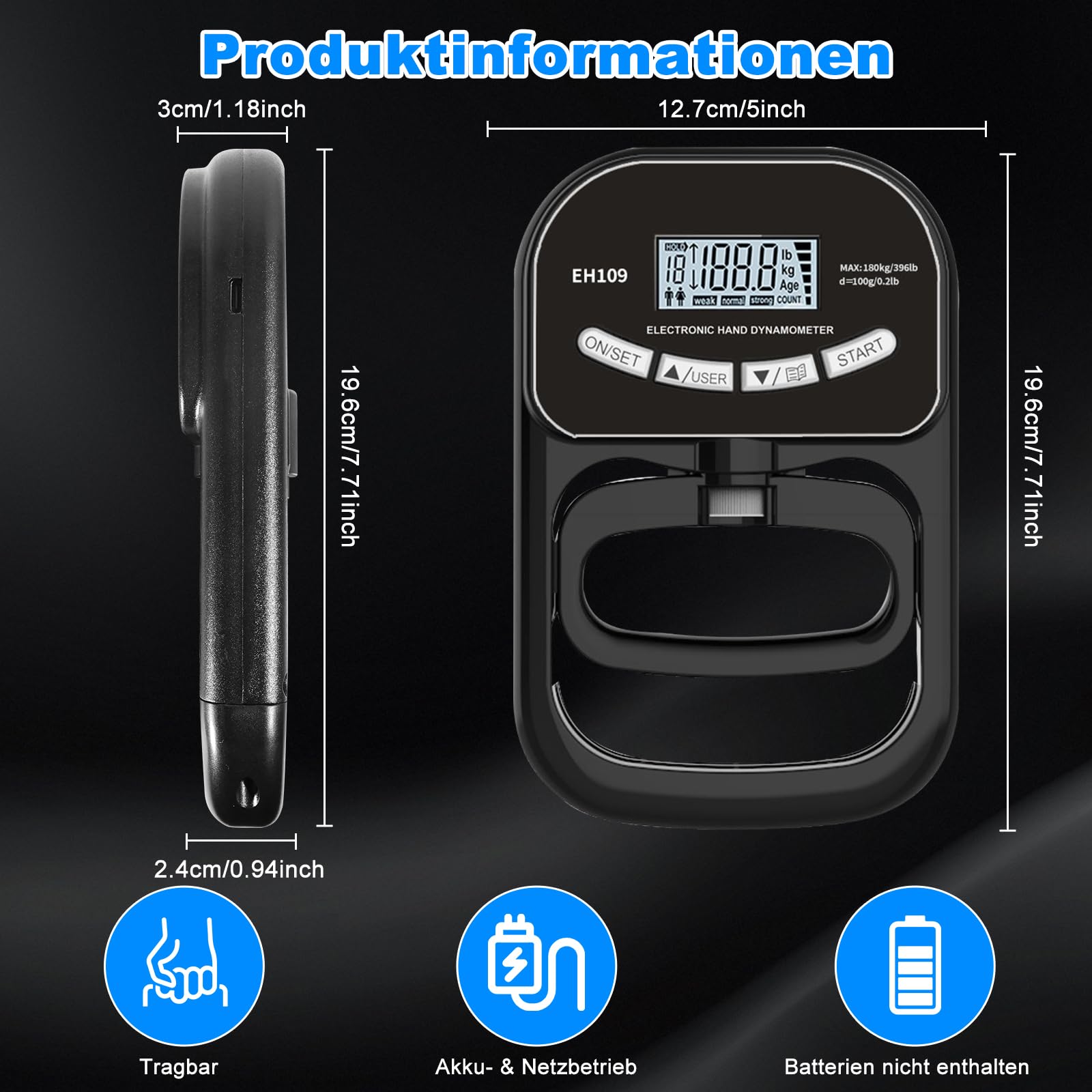 Digitales Griffkraft Messgerät, 396 Lbs/180 Kg Hand Dynamometer, Schwarzes Handkraftmessgerät, Griffkraft Trainer Mit Lcd-Display, Grip Strength Trainer Mit USB-Ladekabel Und 19 Aufzeichnungsgruppen