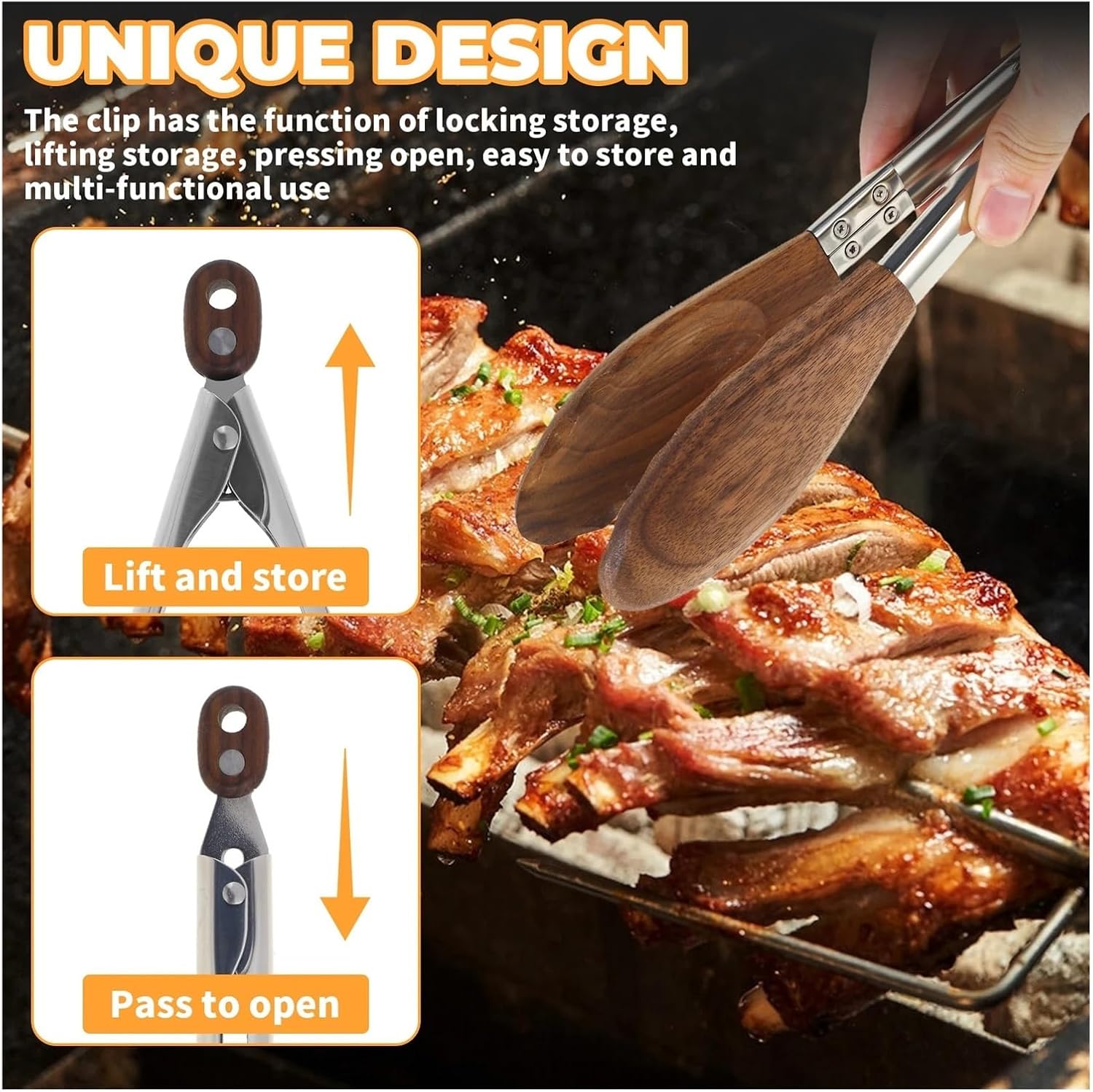 Compatible For Walnut Wood Tong Versatile Kitchen Wooden Stainless Steel Handle and Tip Salad Tongs Locking Food Serving