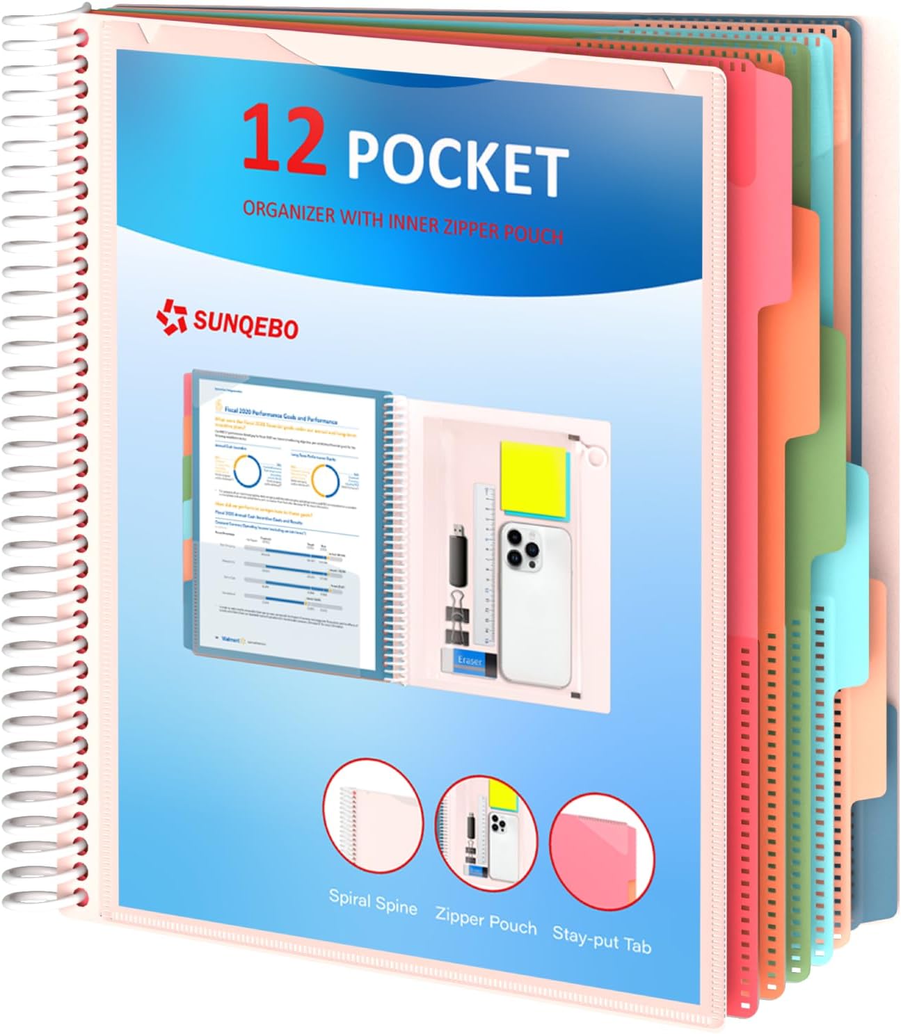 12 Pocket Project Organizer, 6 Colors Folders Binder with Dividers, White