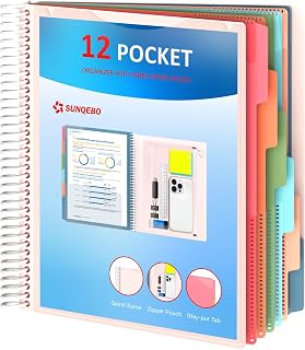 12 Pocket Project Organizer, 6 Colors Folders Binder with Dividers, White | Multi Pocket Folders, Spiral Pocket Notebook, with Zipper Pouch, Office Organizer File Folders, Letter Size, School Supplies