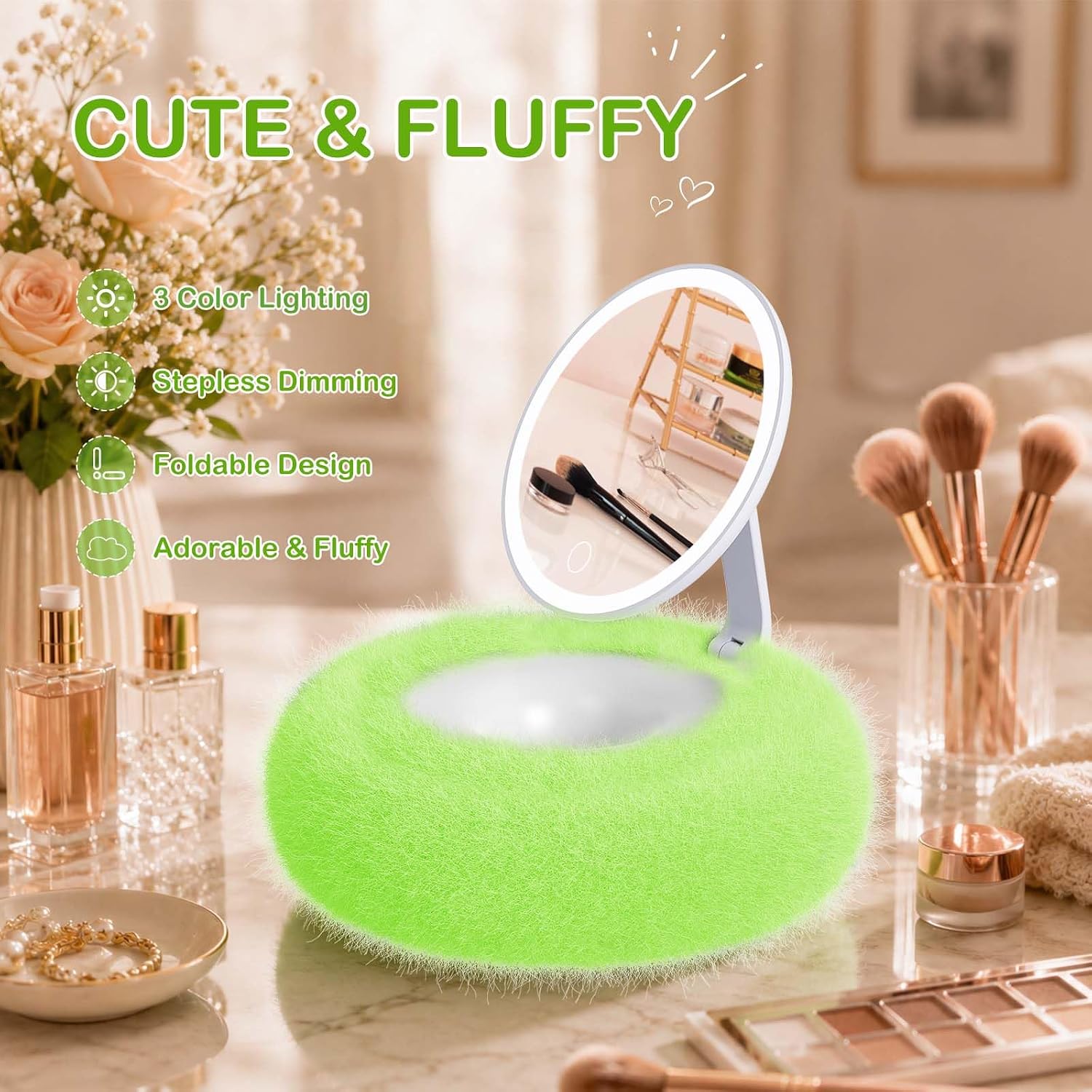 Compact Makeup Mirror with Light,Green image 2