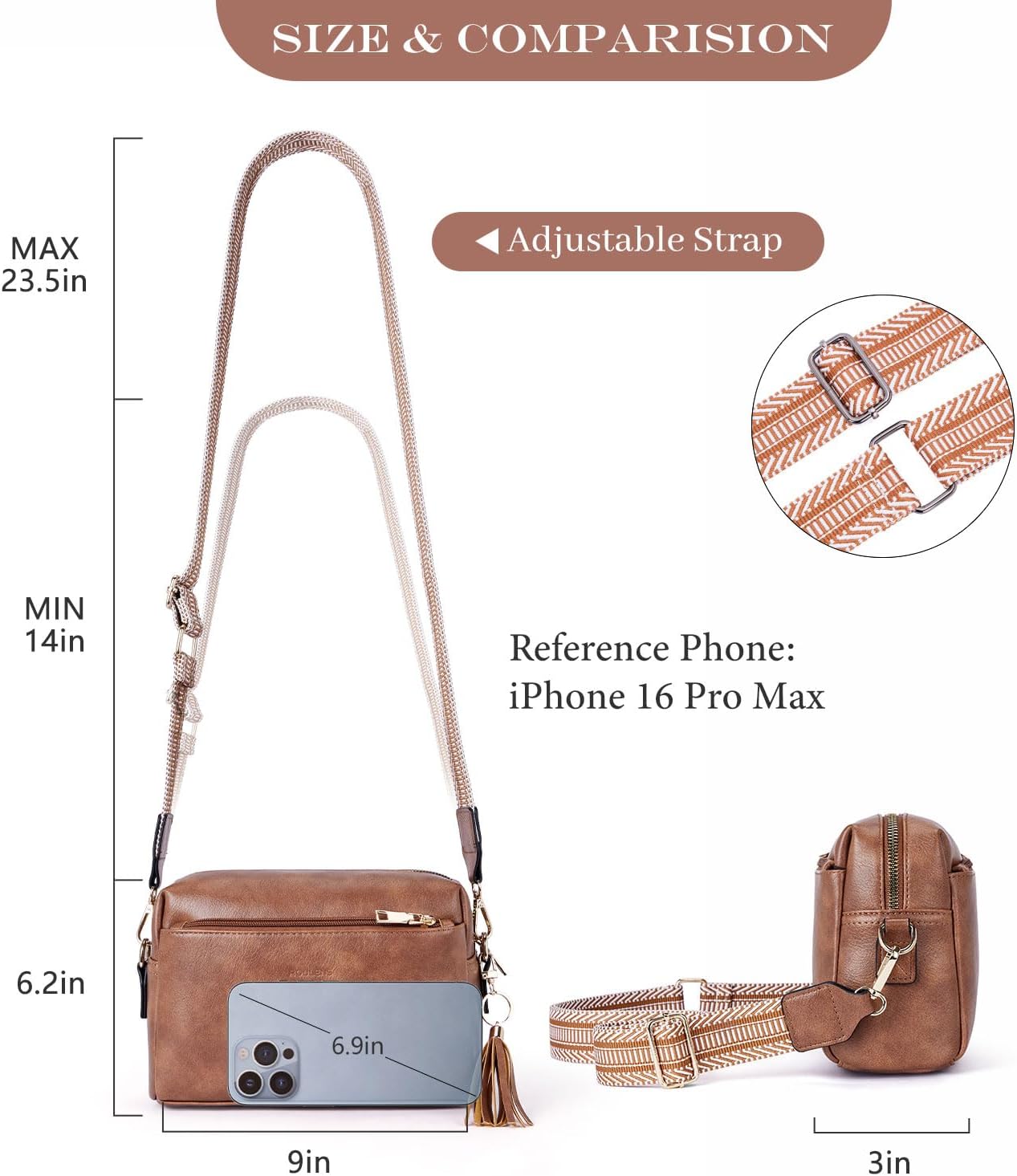 Roulens Triple Zip Small Crossbody Bag for women,Wide Strap Cell Phone Purse Shoulder Handbag Wallet with Credit Card Slots | Triple Zip, Small, Wide Strap - Image 5