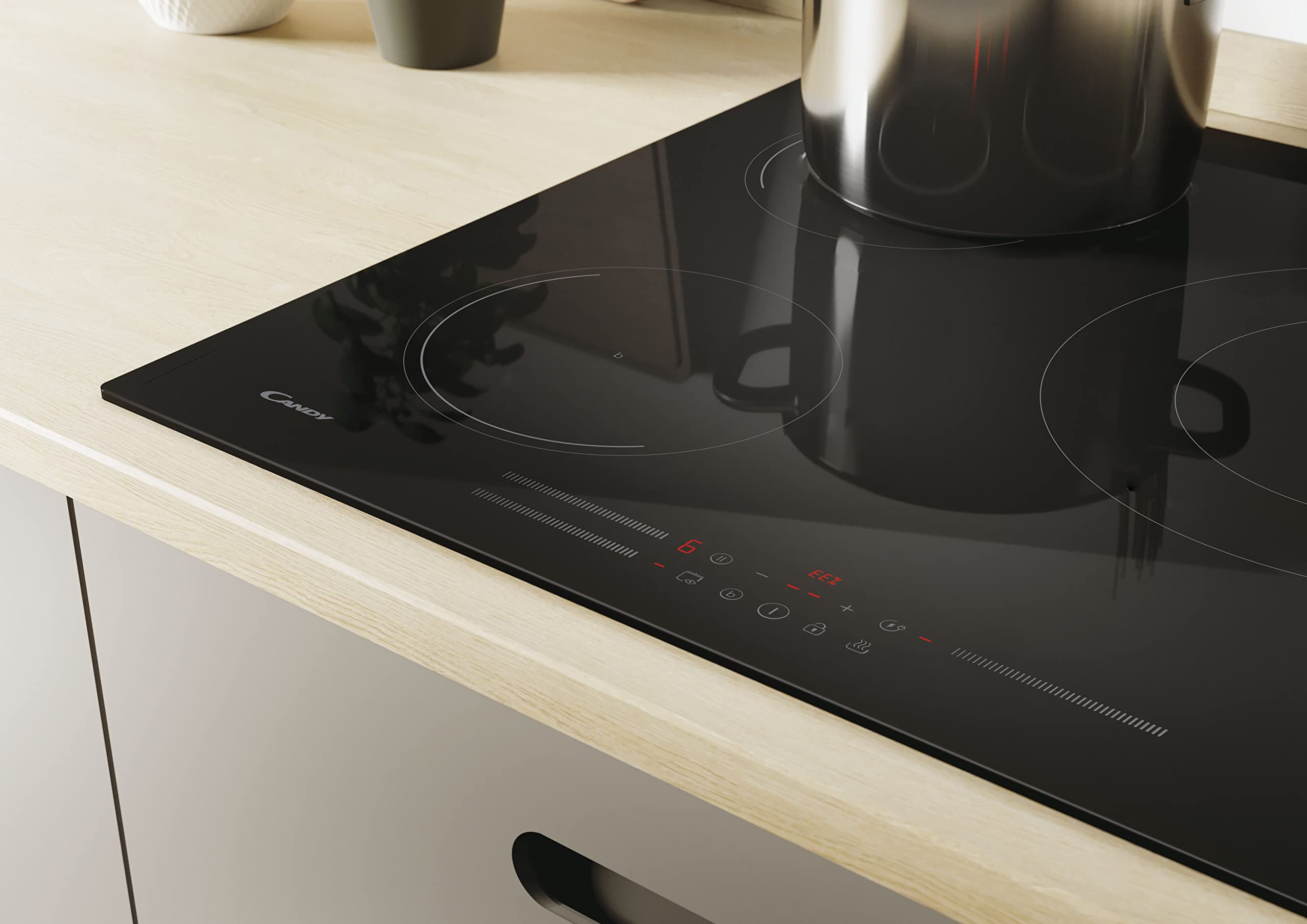 Candy Moderna CIDD633C Plaque à induction, 3 zones, 60 cm, 9 niveaux de puissance et booster, 7,2 kW, commandes coulissantes, indicateur de chaleur, verrouillage de sécurité, alerte surchauffe et