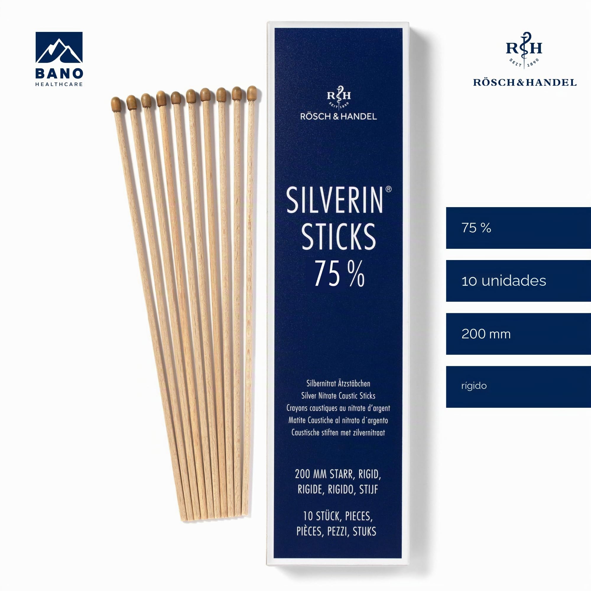 Silverin - Palillos de cáustico de nitrato de plata, nitrato de potasio, para cáusticos de piedra infernal, 10 unidades, 75 %, para verrugas, carne silvestre, por ejemplo, piercings, aftas, hemostasia