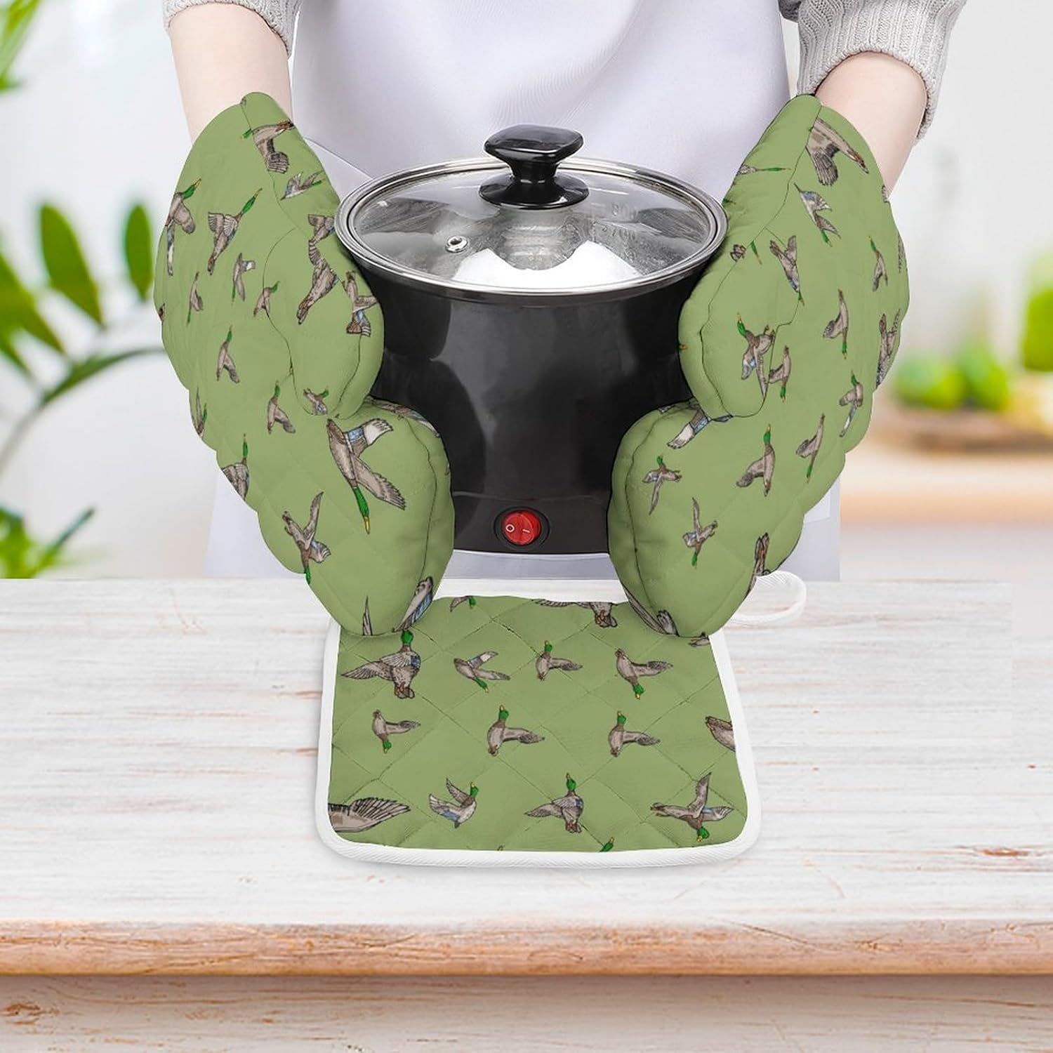 Mallard Duck Print Oven Mitts and Pot Holders 3 Piece Sets Heat Resistant Gloves Hot Pads Potholders for Kitchen Baking Cooking