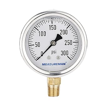 MEASUREMAN 2-1/2inch Dial Size, Glycerin Filled Plumbing Pressure Gauge, 0-300psi, Stainless Steel Case, 1/4inchNPT Lower Mount