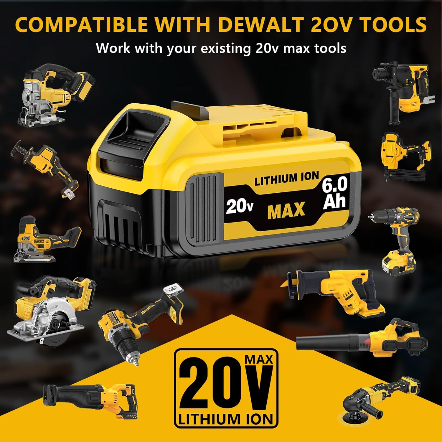 6.0AH DCB206 Replacement for Dewalt 20v Max Battery Lithium Compatible with Dewalt 20 Volt Compatible with DCB206 DCB201 DCB203 DCB207 Cordless Power Tools (2Pack Battery and Charger) - Image 3