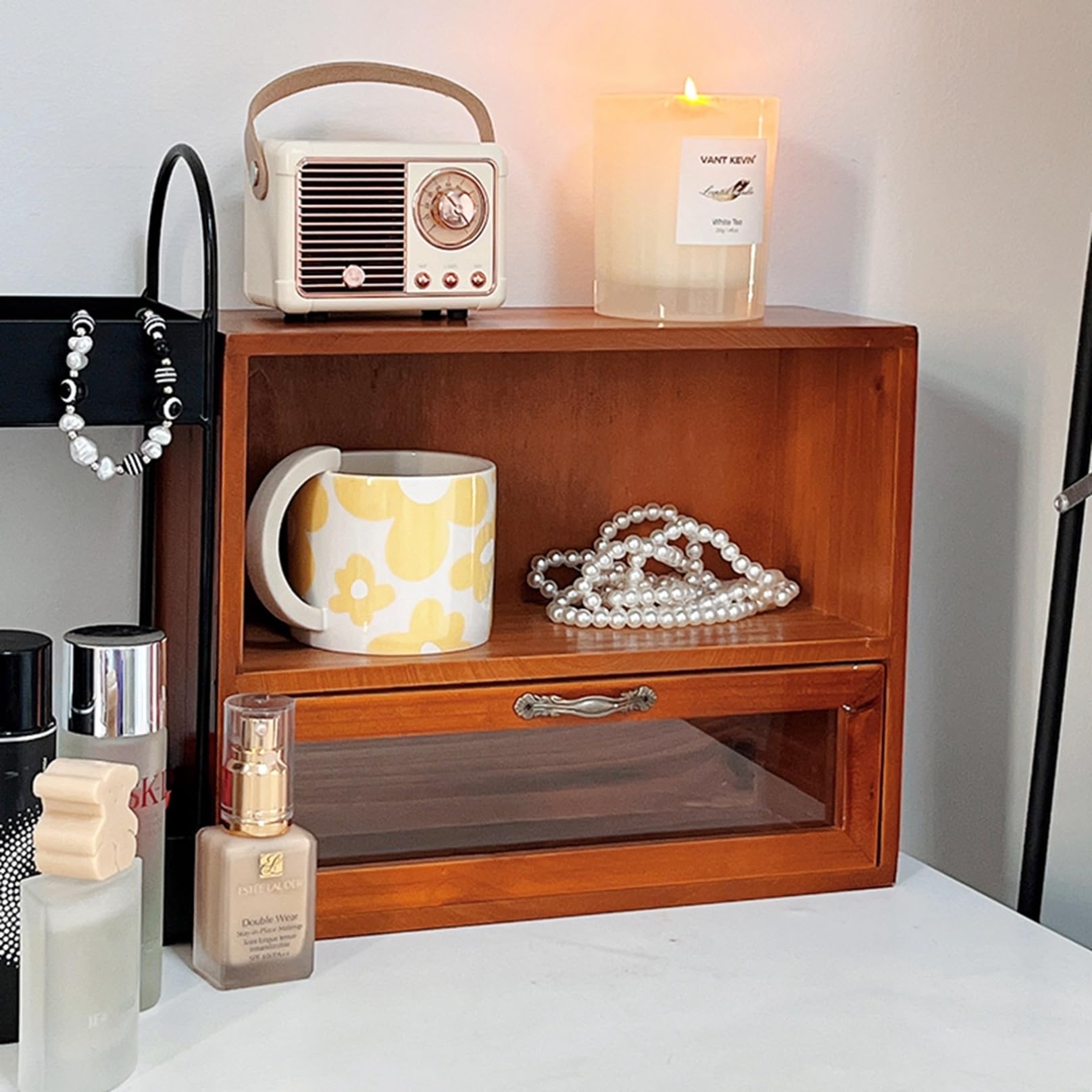 Amazon｜卓上収納ボックス ガラスドア 引き出し 小物収納 アンティーク