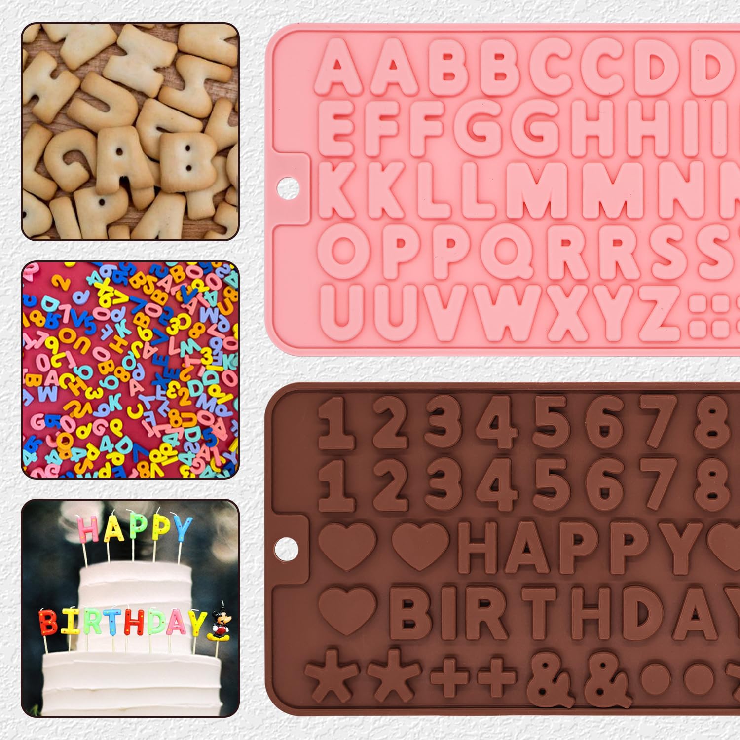 Juego de 2 moldes de silicona con letras y números para chocolate, con símbolos de feliz cumpleaños, moldes de silicona para decoración de tartas de cumpleaños, horneado y bricolaje