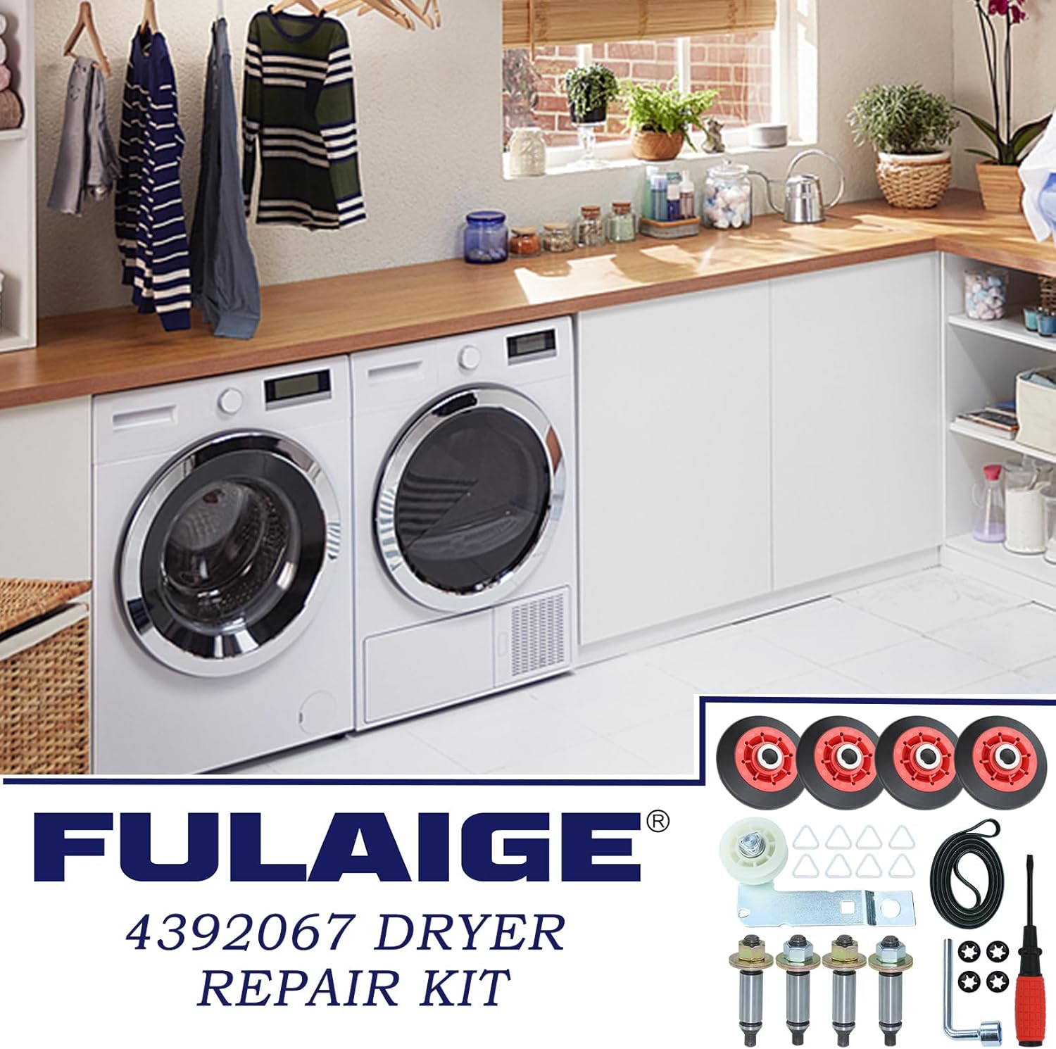 4392067 Dryer Repair Kit with 4 Pack WPW10314173 Drum Roller, W10837240 Dryer Idler Puley, 661570V Dryer Belt, W10359271 W10359272 Dryer Drum Support Roller Shaft for Whirlpool Maytag Dryer Parts