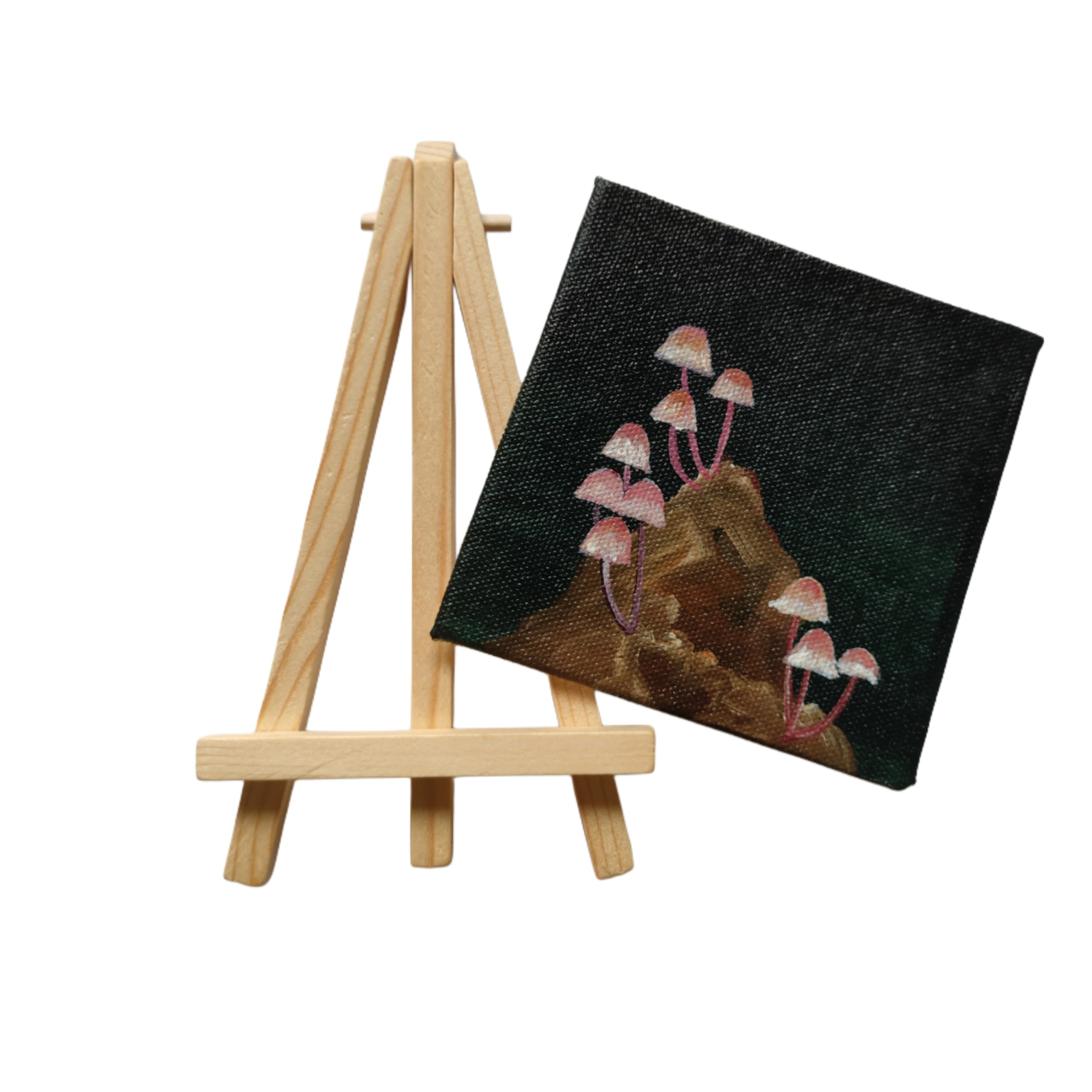 BHAGATH ART STUDIO Mini Canvas Art with Wooden Easel Stand, Pink Mushroom Painting, 10 cm × 10 cm, Fine Art-image-4