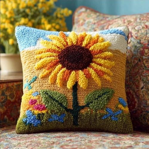 WallustrioaW DIY Latch Hook Pillow Kit,Yellow Sunflower Pillowcase Kits Embroidery Kits 17X17 Inch DIY Needlework Pillow Cover Sofa Cushion Rug Making