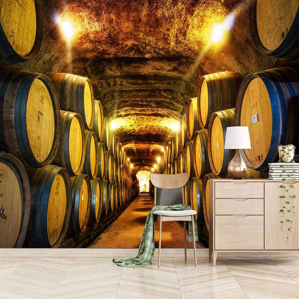 Tonneaux en bois en papier peint 3D cave à vin souterraine avec texture canevas adhésif