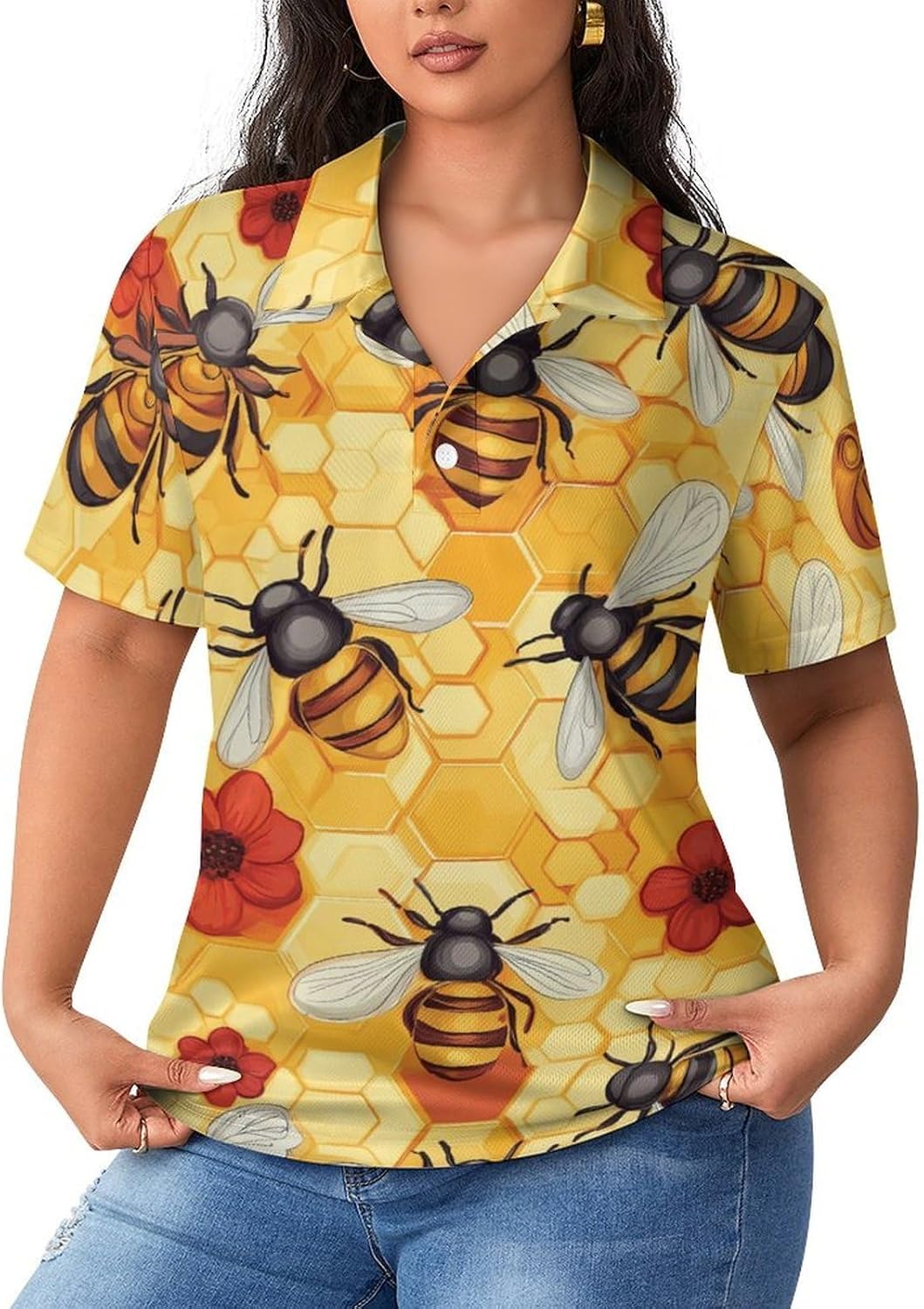 Bees Honeycomb Flowers Womens Golf Polo Shirts Summer Short Sleeve Collared 3 Buttons T Shirt Activewear Tops