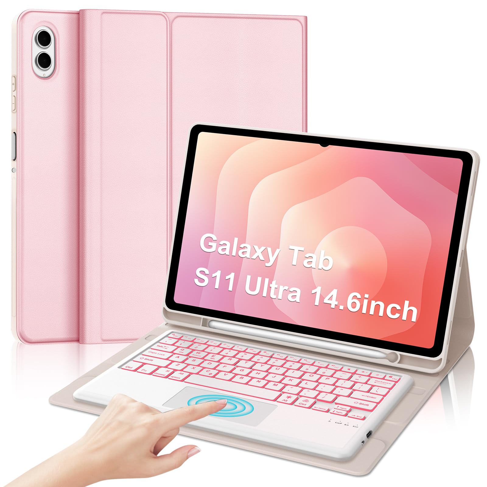 Keyboard Case for Samsung Galaxy Tab S11 Ultra 14.6 inch 2025 (SM-X930/X936B), 7 Color Backlit,Multi-Touch Trackpad,Magnetic Detachable Wireless Bluetooth Keyboard with S Pen Holder,Pink