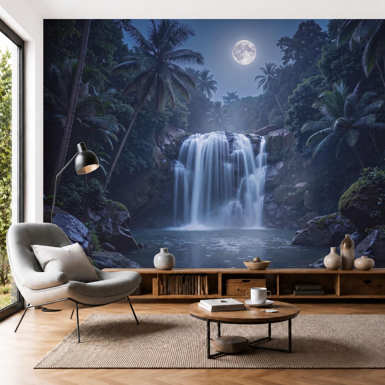 Papier Peint Panoramique Vue nocturne tropicale, Papier Peint Cascade Forêt tropicale Lune, Fresque Murale Intissée Bleu foncé Soie Décoration XXL Murale Pour Salon, Chambre, Bureau 250x175cm