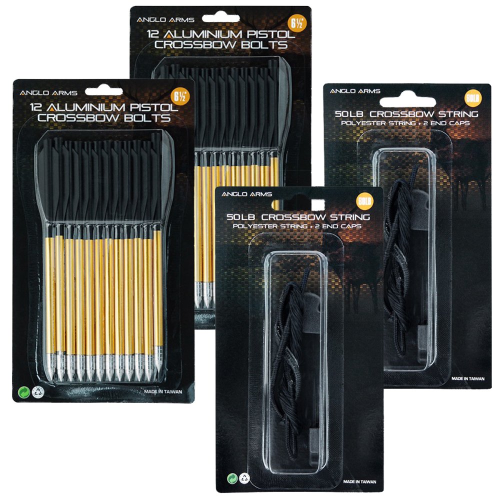 NGT 2 x Packs of 12 Anglo Arms 6.5" Pistol Crossbow Bolts + 50 or 80lb Strings + Cap