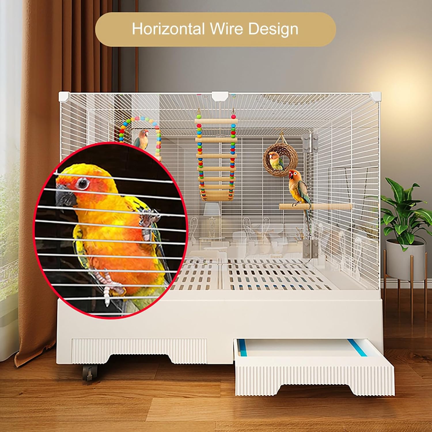 Bird Cage Indoor, Parrot Cage with Wheels, Transparent Acrylic Panel Conure Cage, for Parakeets, Canaries, Finches, Love Birds(Yellow)