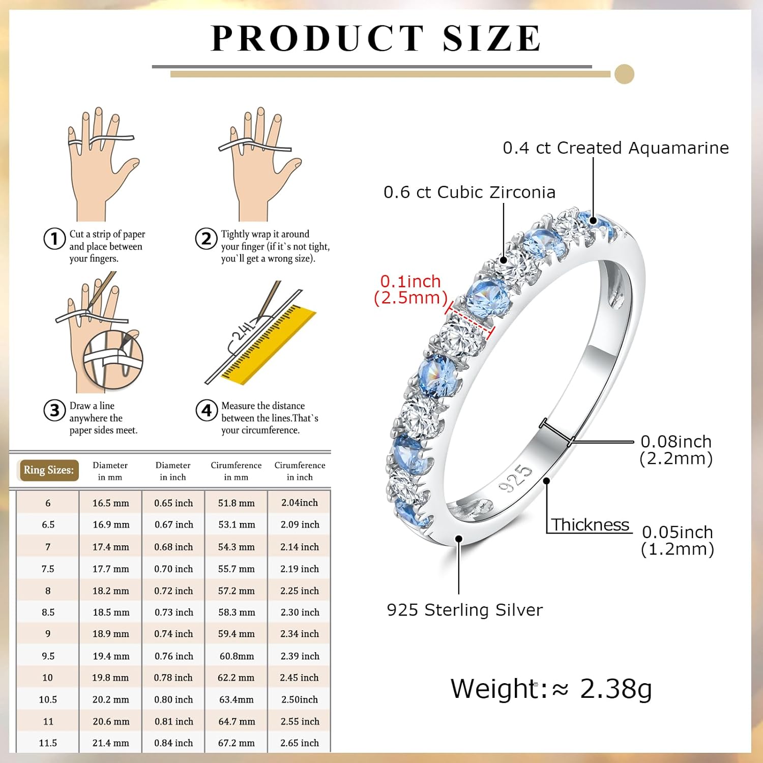 Bezel Set Birthstone Wedding Band 14K Gold Sterling Silver Stackable Half Eternity Band Rings 2.5mm Wide Ruby/Amethyst/Sapphire/Emerald Green/Aquamarine Ring for Women, Send Gift Box