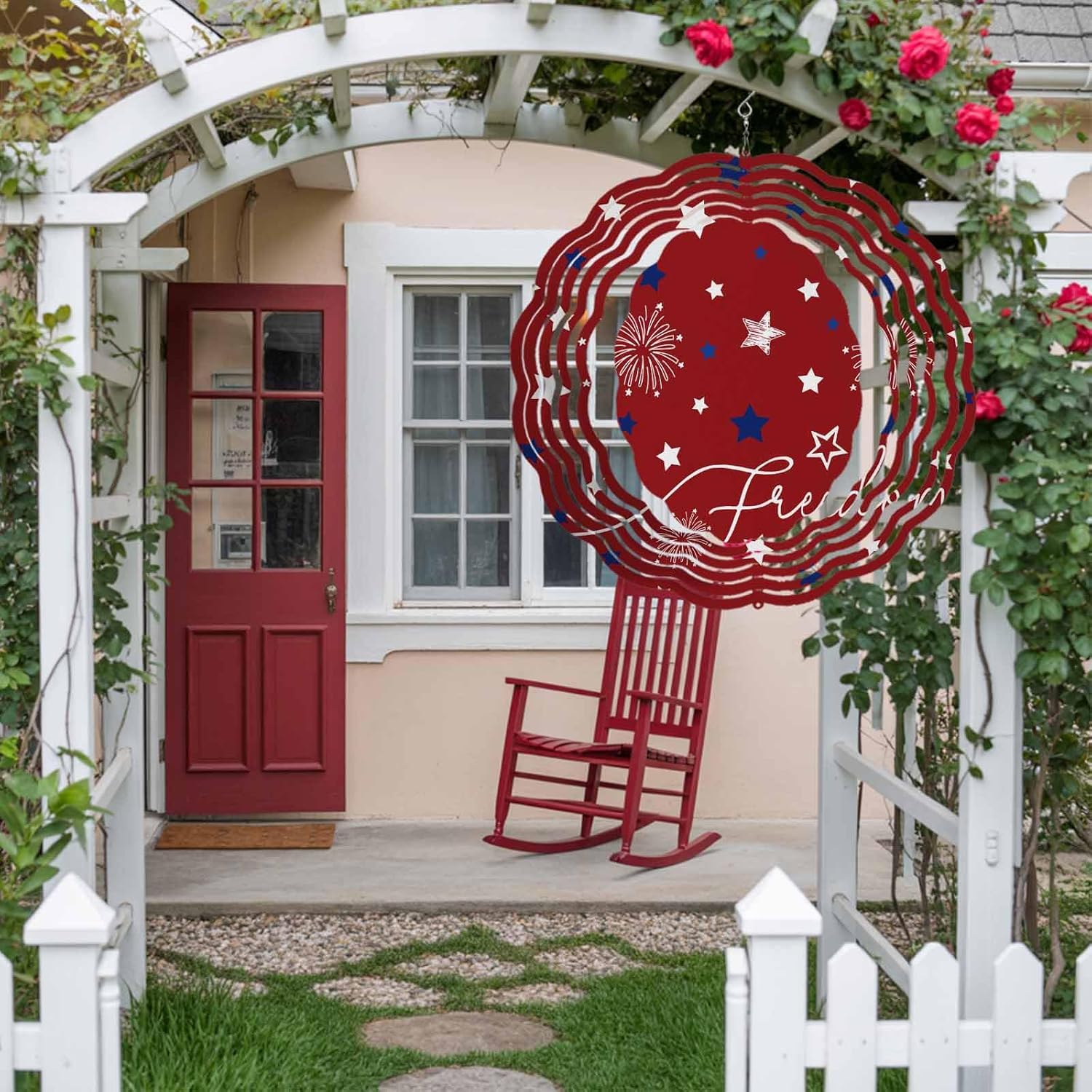 Independence Day Blue White Star Wind Spinner for Garden Yard 3D Stainless Steel Hanging Wind Spinners, Freedom Celebration on Red Spinners Outdoor Metal Decor for Lawn Patio Home