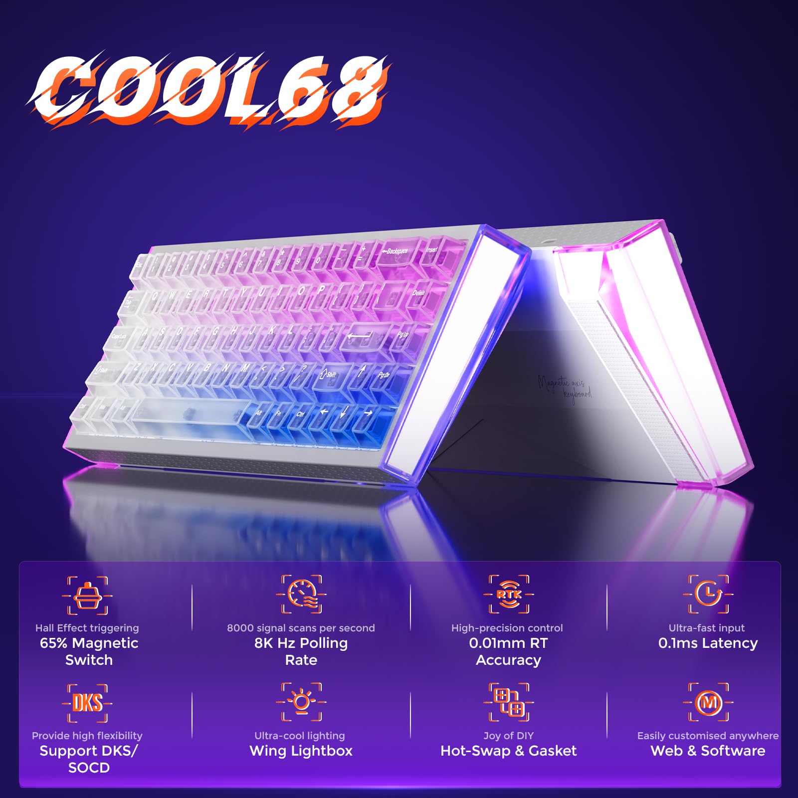 DAREU COOL68 Teclado Gaming con Disparador rápido de 8000 Hz, precisión RT de 0,01 mm, Teclado mecánico magnético con Cable al 65% con interruptores de Efecto Hall, 20 Modos RGB, para PC/Mac - 3