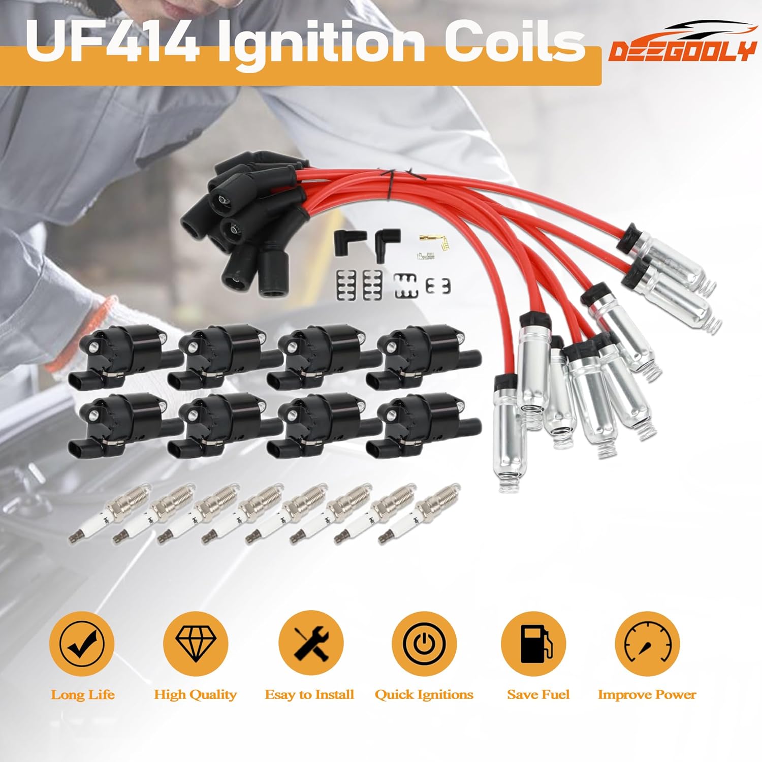 8PCS UF414 Round Ignition Coils Pack & Iridium Spark Plugs & Spark Plug Wires Set Compatible with Chevrolet Corvette Avalanche Silverado 1500 2500 3500 GMC Savana 1500 2500 Cadillac Escalade