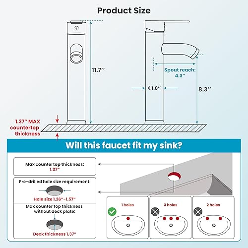 Miniatura 3 de gotonovo Grifo de lavabo moderno para lavabo, grifo de baño de 1 agujero, montaje en cubierta, grifo mezclador de una sola manija con mangueras de