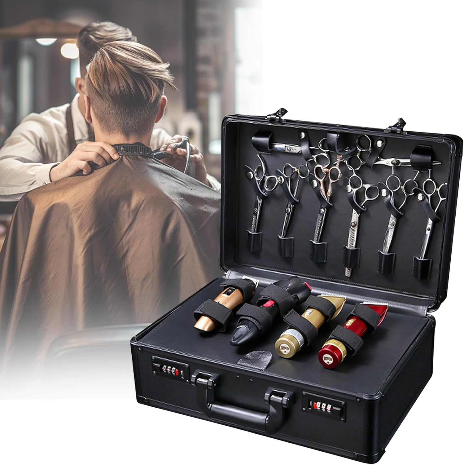 Barber Accessories Case with Code Lock, Black Processional Hairdresser Carrying Case, Portable Large Barber Tool Kits Storage Box for Hairdressers and Hairstylists (Black)