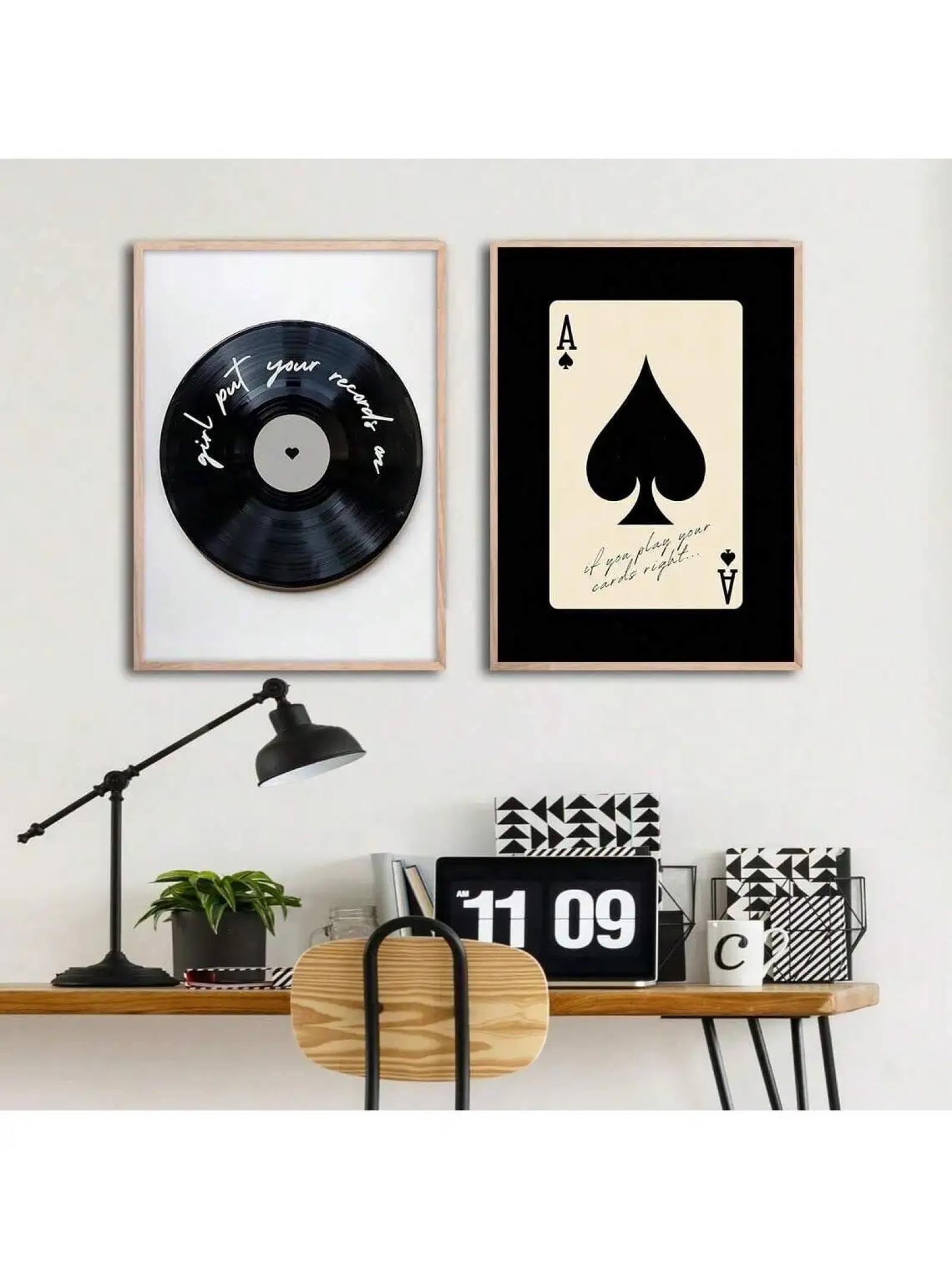 MAIMANG Stampa su tela, poster retrò con carte da gioco, disco in vinile, moda femminile, dipinto moderno, arredamento per la casa, 80x120cmx2 senza cornice