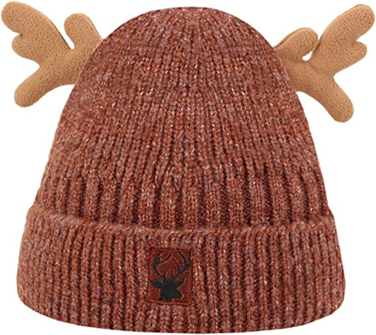 RARITYUS Women Warm Hat Cute Reindeer Antlers Knitted Winter Hats Crochet Earflap Knit Cap Beanie for Adults Kids