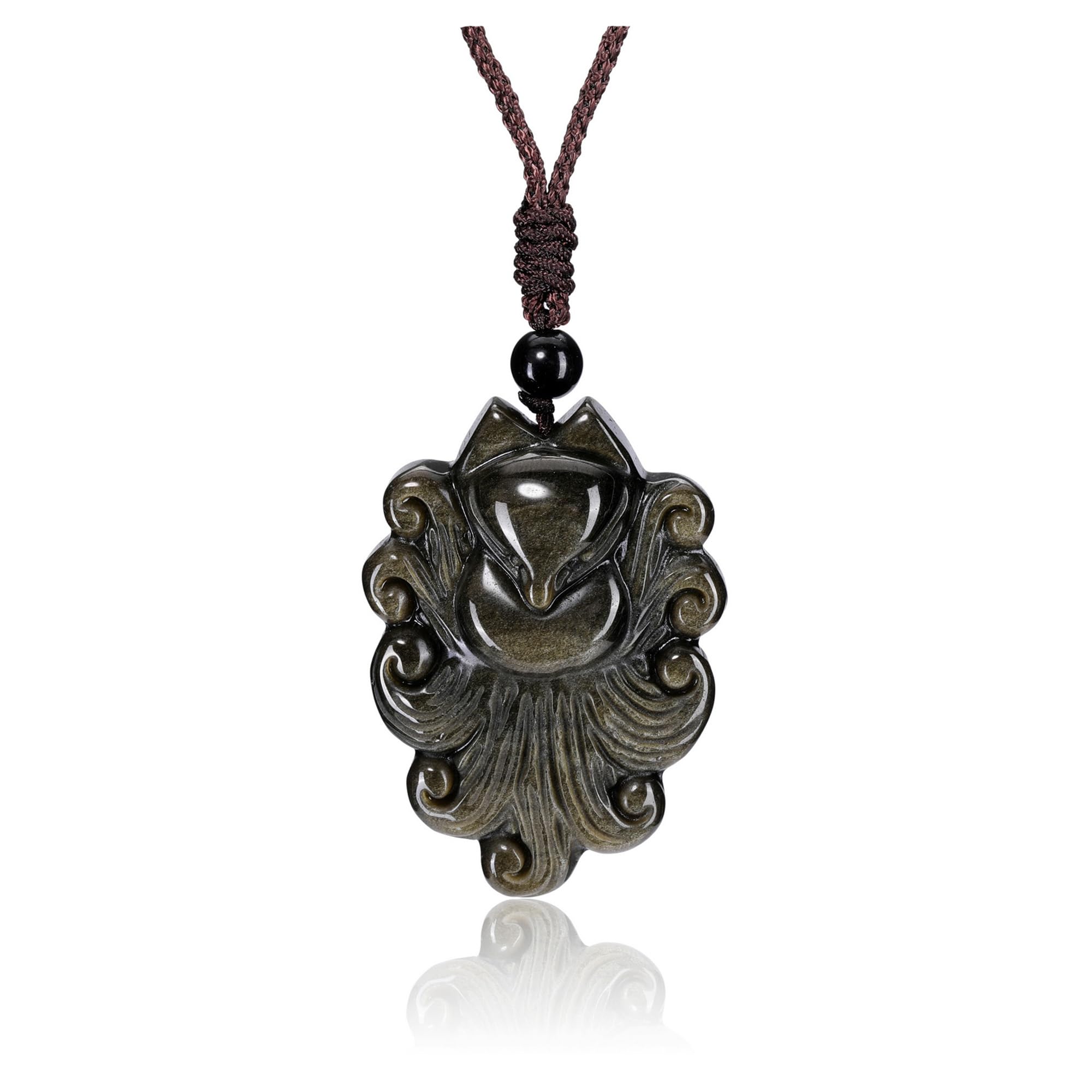 JoviviGolden Obsidian Fox Crystal Pendant Necklace Jewellery Gifts for Women Men Spiritual Healing Stone Reiki Protection Gemstone Adjustable Rope Necklace