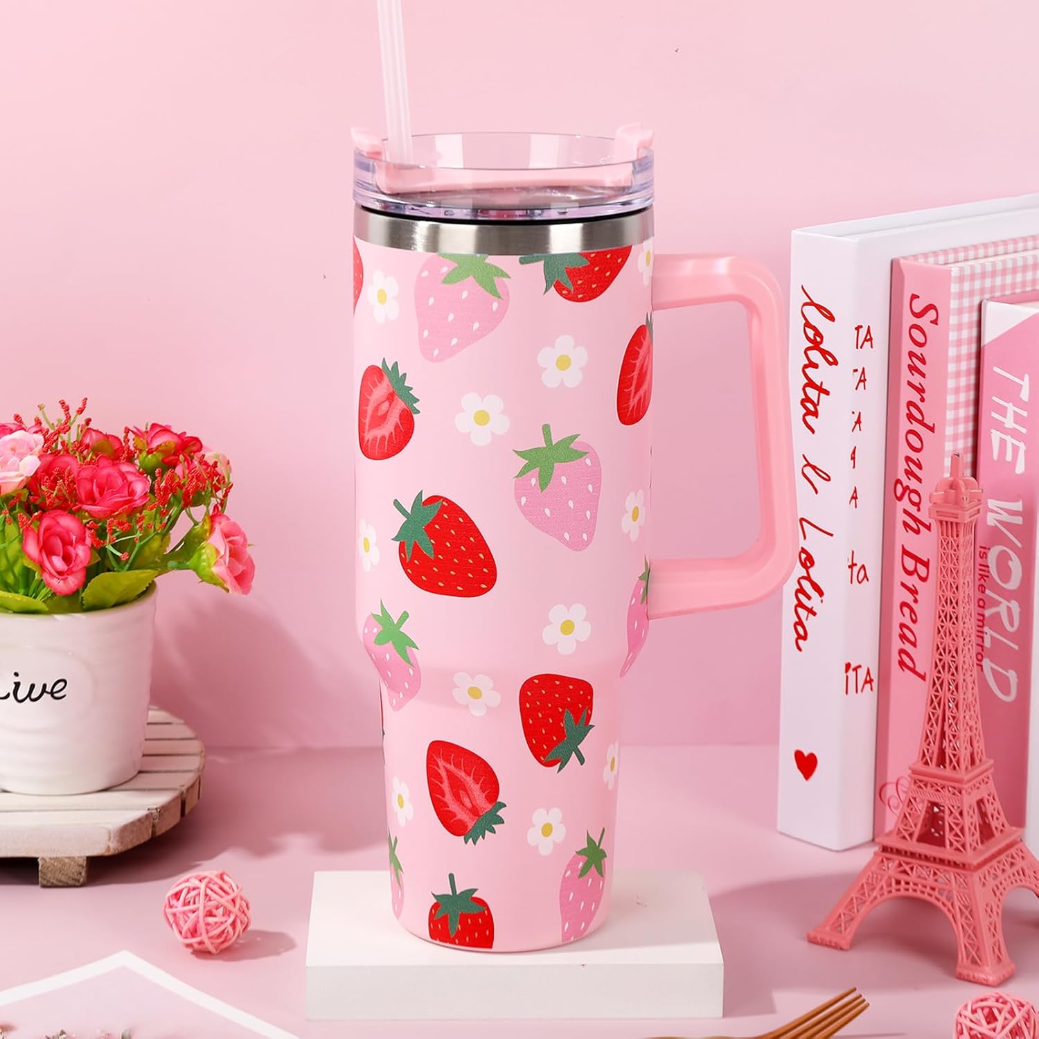 Strawberry Tumbler with Straw and Lid 40oz Pink Red Strawberry Flower Stainless Steel Cup with Handle Cute Travel Coffee Tumbler Cup for Home Office