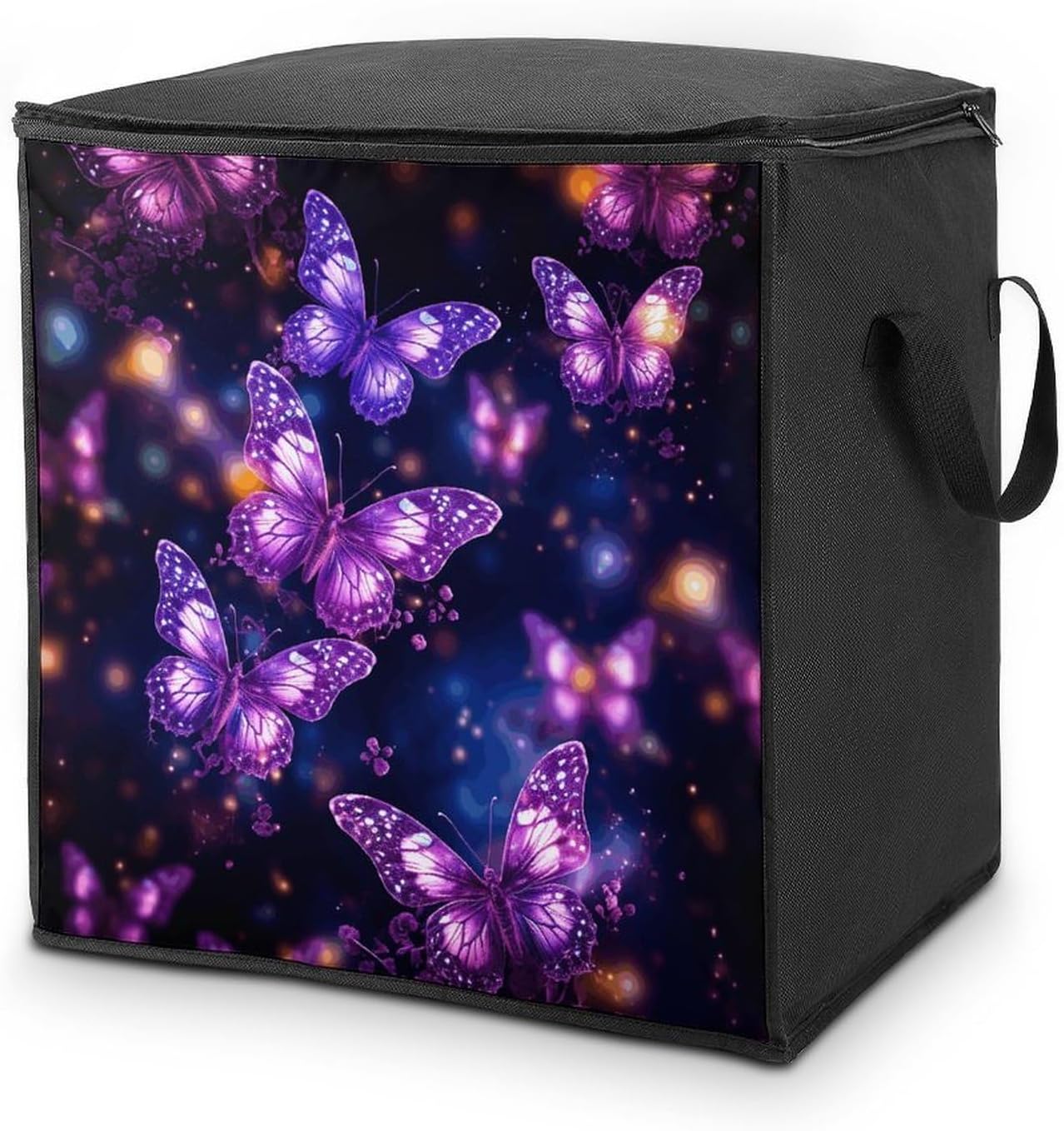Purple Cute Butterfly Print Storage Bag with Zippers And Handle Extra Large Bedding Comforter Storage Bag Foldable Blanket Storage Bags Fabric Moving Bags for Closet Organizer (70L)