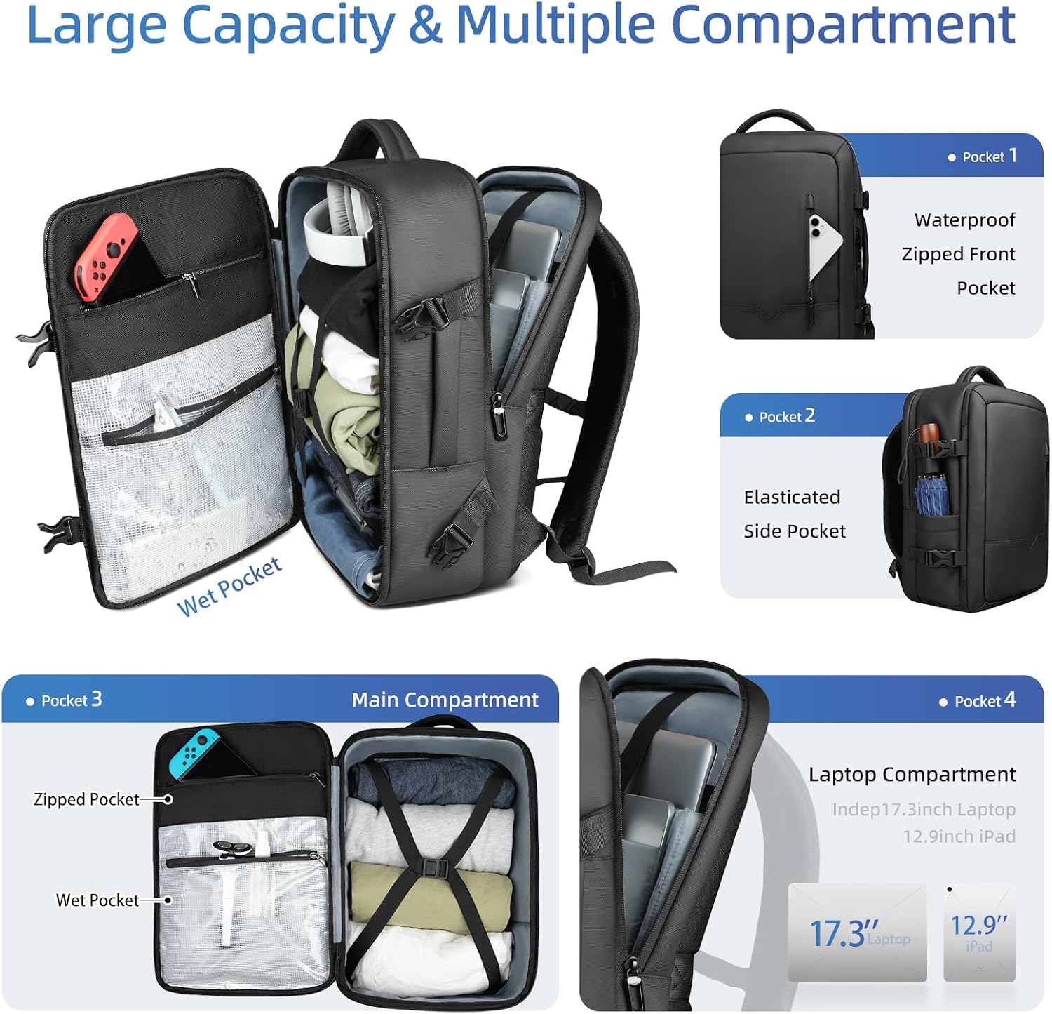 Travel Backpack for Men Women, 28L Airline Approved Carry On Backpack, 17 inch Water Resistant Business Laptop Backpack, Personal Item Luggage Bag for Weekender Hiking, Black