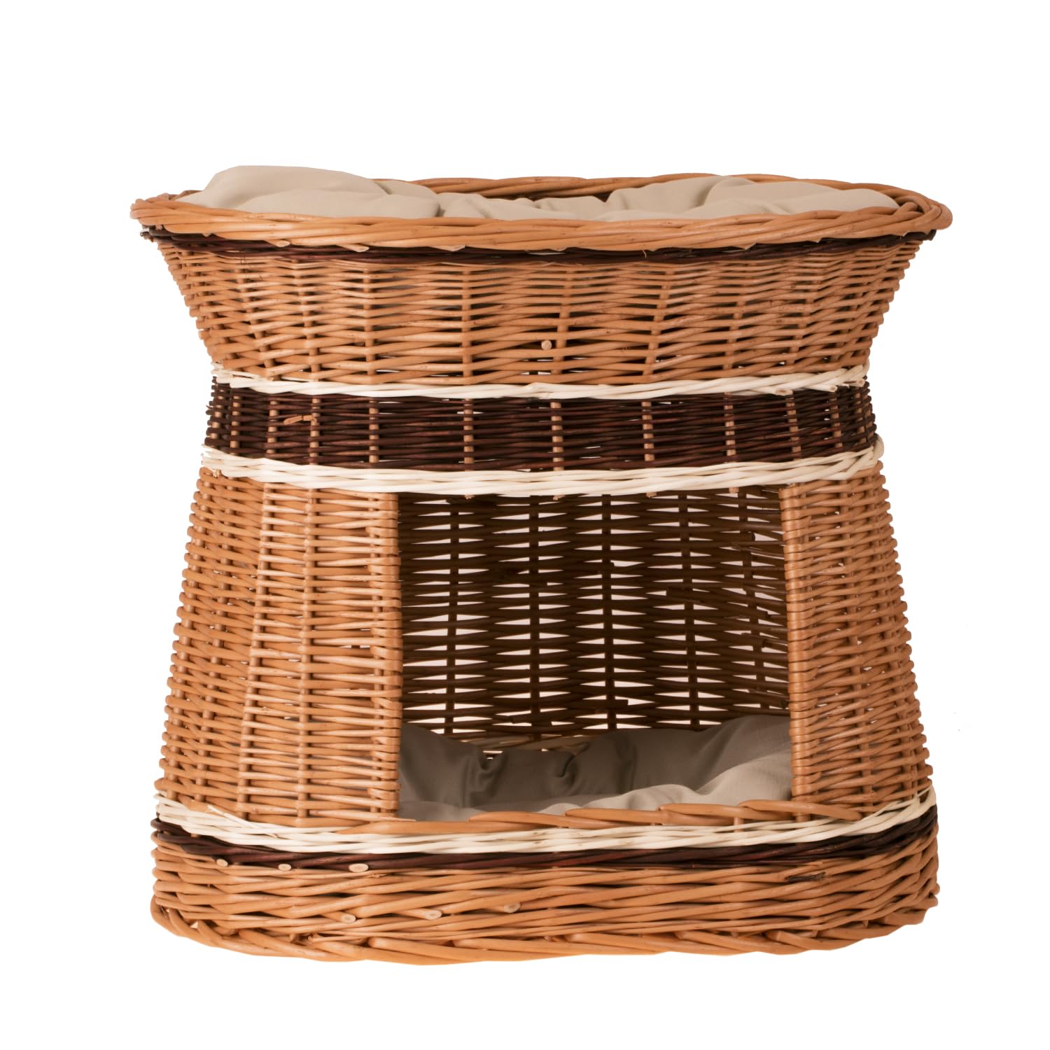 e-wicker24 Natural Wicker Cat Bed Cave Double Cat Bed pet Cave Indoor Cat House with Bed on Top Cosy Cave Bed Cat Sofa Box Wicker Cat Igloo Basket with Soft Cushion (50x40x45cm) (Oval, Beige)