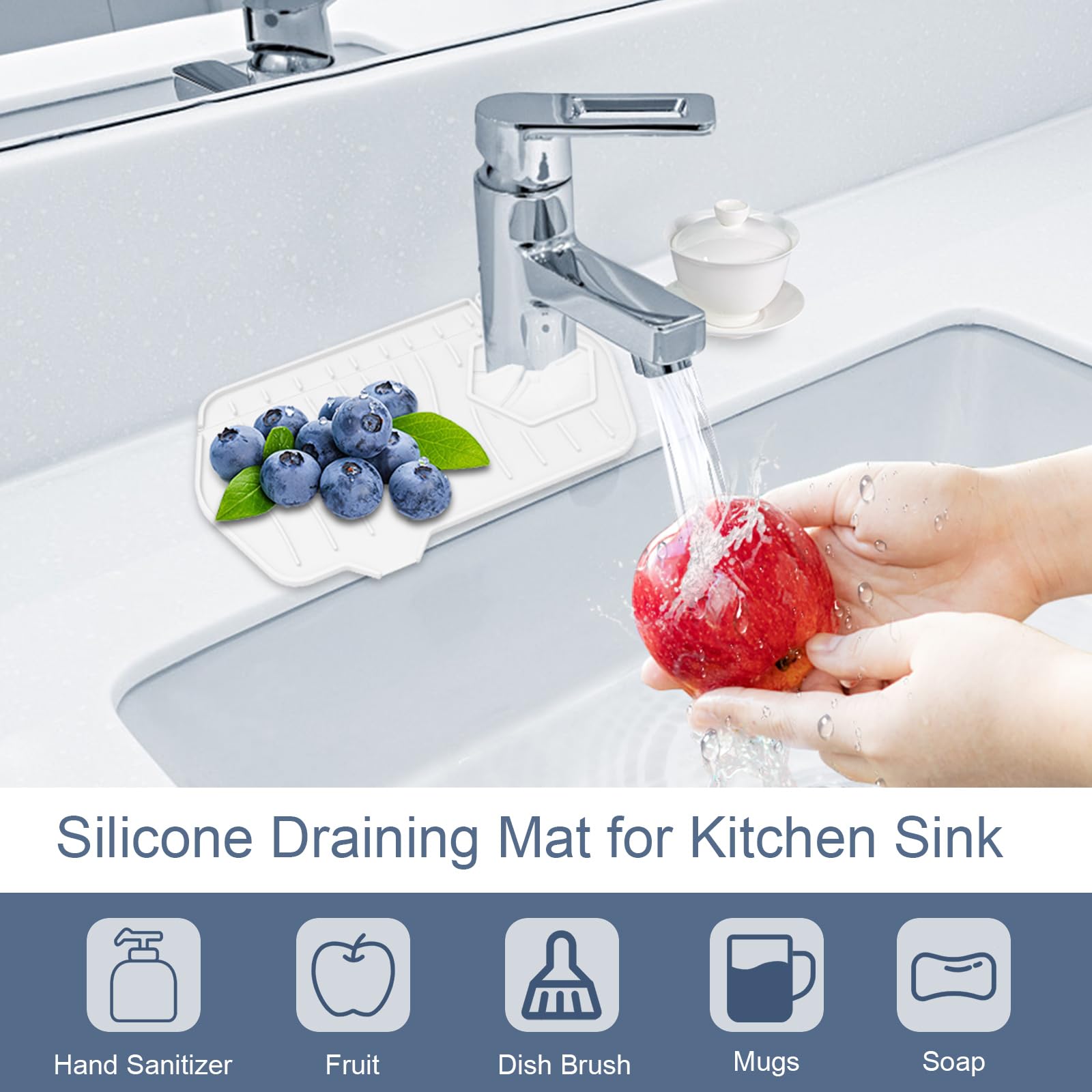 Sink Drain Mat - Unilateral Faucet Guard with 2 Drain Ports, Foldable for Kitchen & Bathroom (White) 2