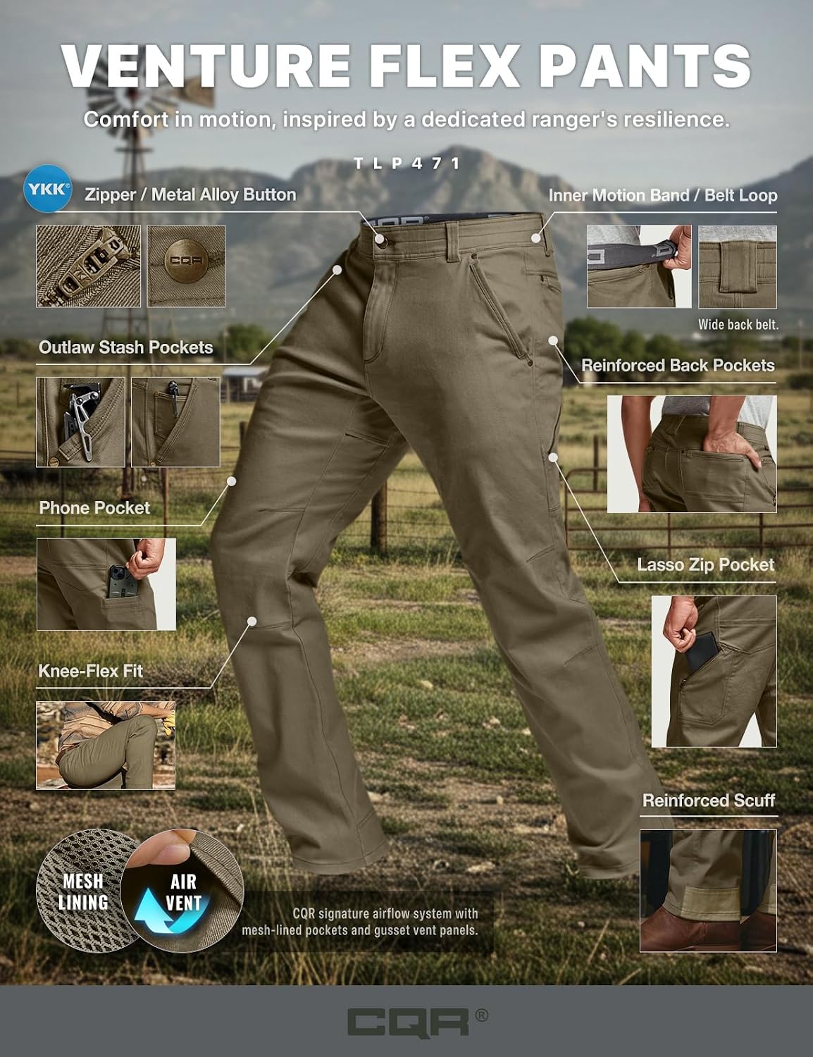 CQR Men's Motion Utility Casual Pants, Regular Fit Lightweight Work Pants, Water Resistant Outdoor Stretch Pants with Pockets