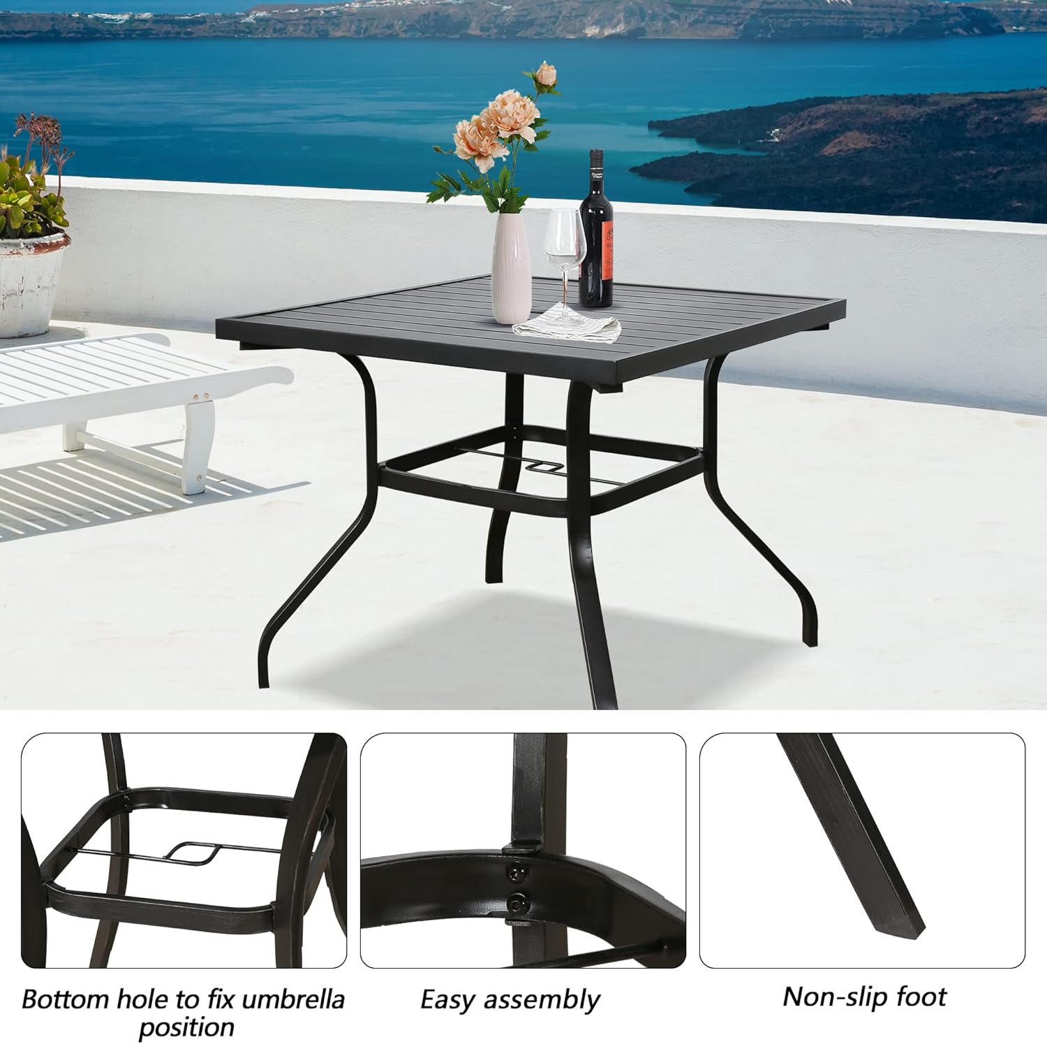 Ulax Furniture Outdoor 35.5" x 35.5" Patio Dining Table Slatted with Umbrella Hole, Classic Black : Patio, Lawn & Garden