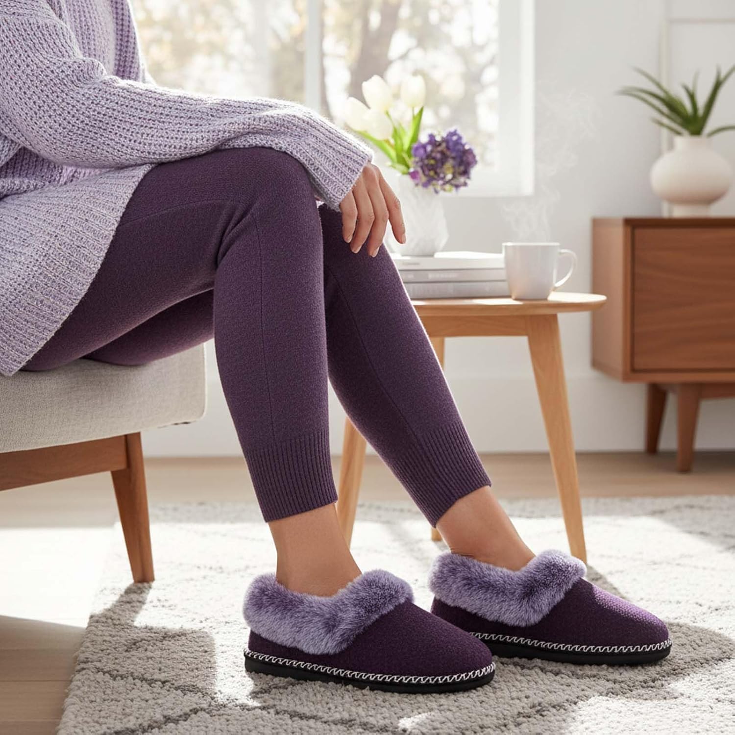 EverFoams Women's Bootie Slippers Warm Soft Comfy Memory Foam Non-slip Indoor House Shoes with Fluffy Collar - Image 2