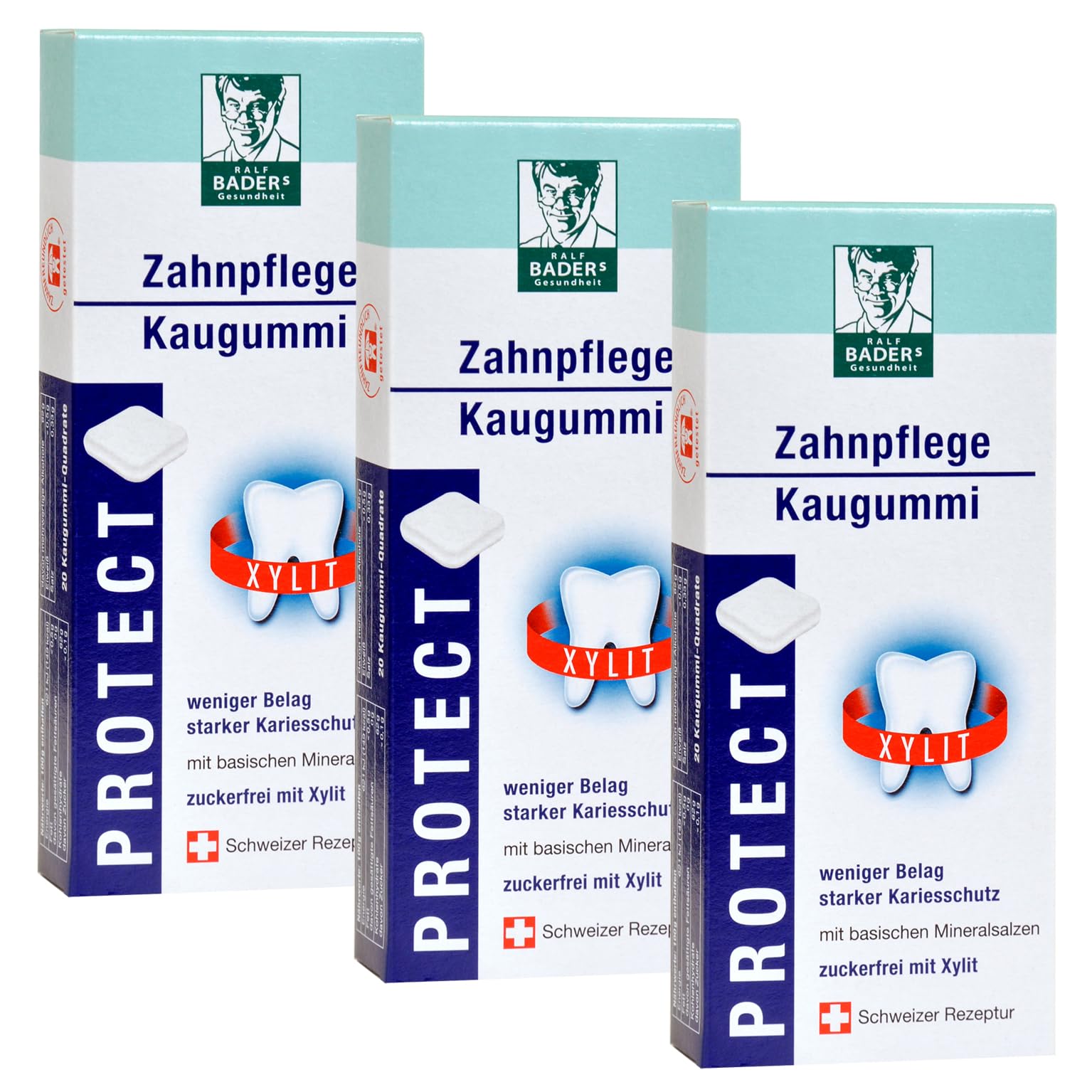 BADERs Gesundheit PROTECT Zahnpflege-Kaugummi aus der Apotheke. Weniger Zahnbelag, weißere Zähne. Zuckerfrei mit 100% Xylit. 3 x 20 Kaugummi-Quadrate