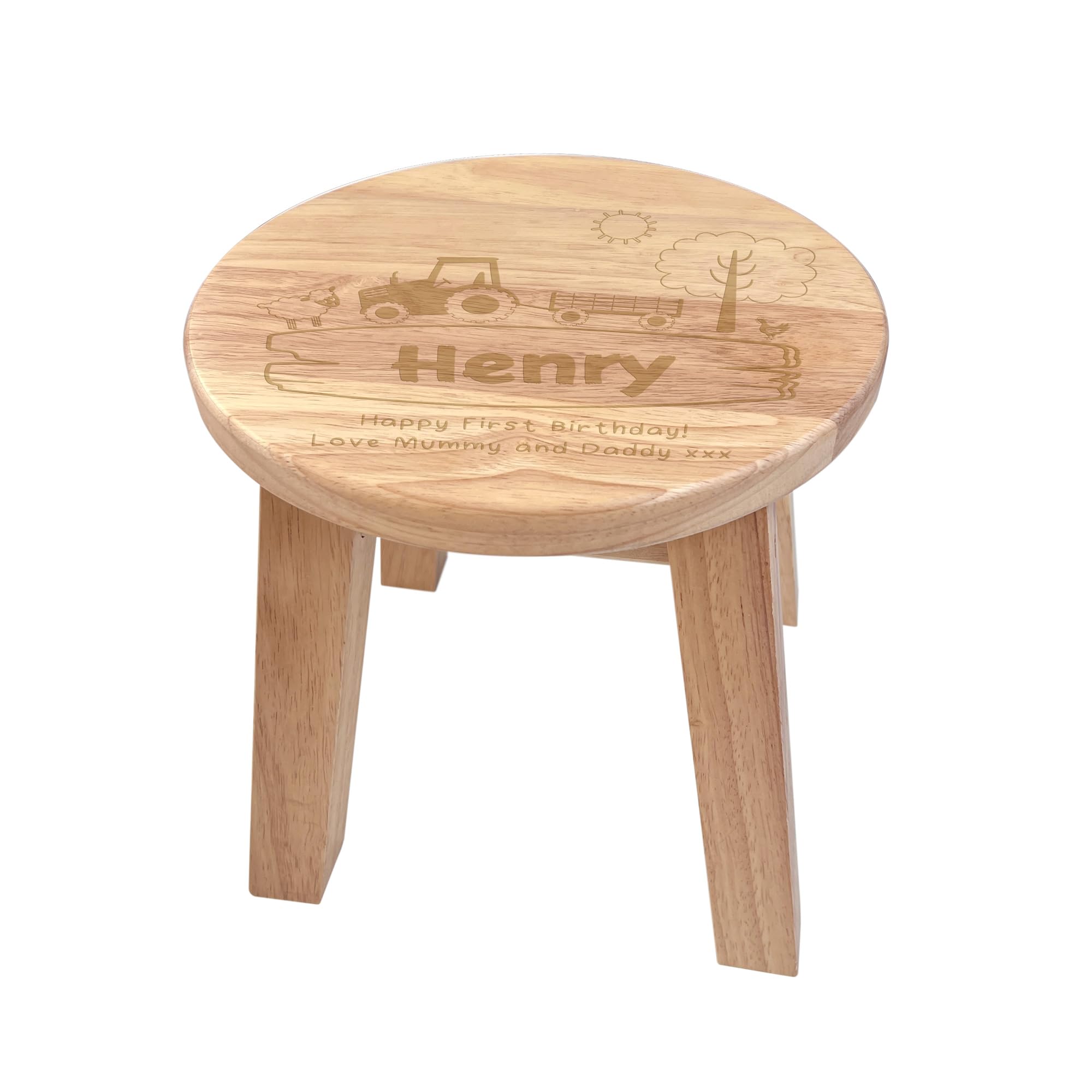 Personalised Wooden Farmyard Christening Stool - Engraved with Child's Name & Date, Tractor & Farm Design, Solid Wood, Christening Gift & Nursery Décor | 26cm Wide X 26cm High — image 1