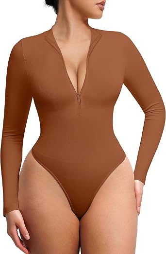 FeelinGirl Long Sleeve Bodysuit for Women Mock Turtle Neck Body Suits Zip Up Design Tummy Control Bodysuit Shirts